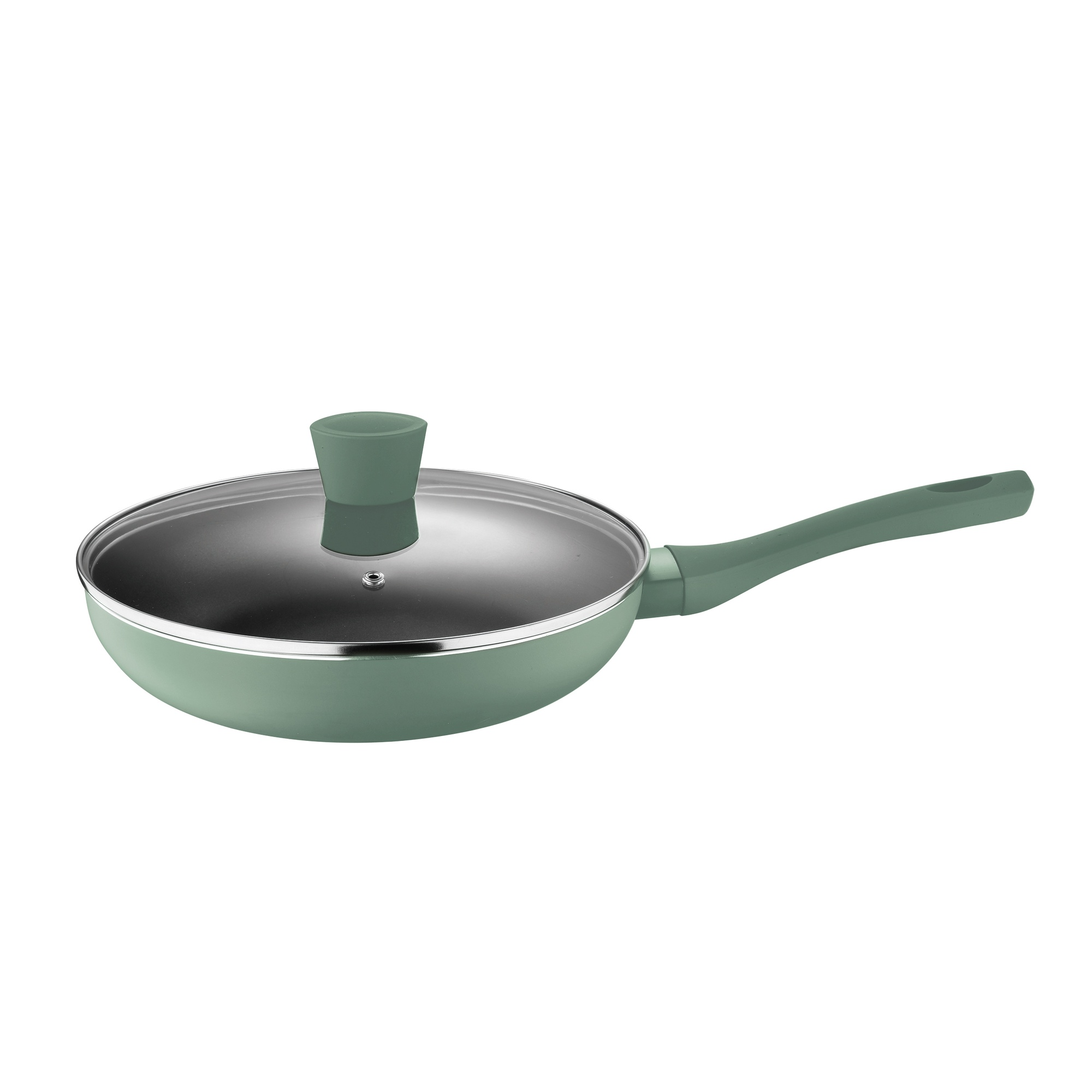Sartén verde con tapa de cristal. El mango también es verde.