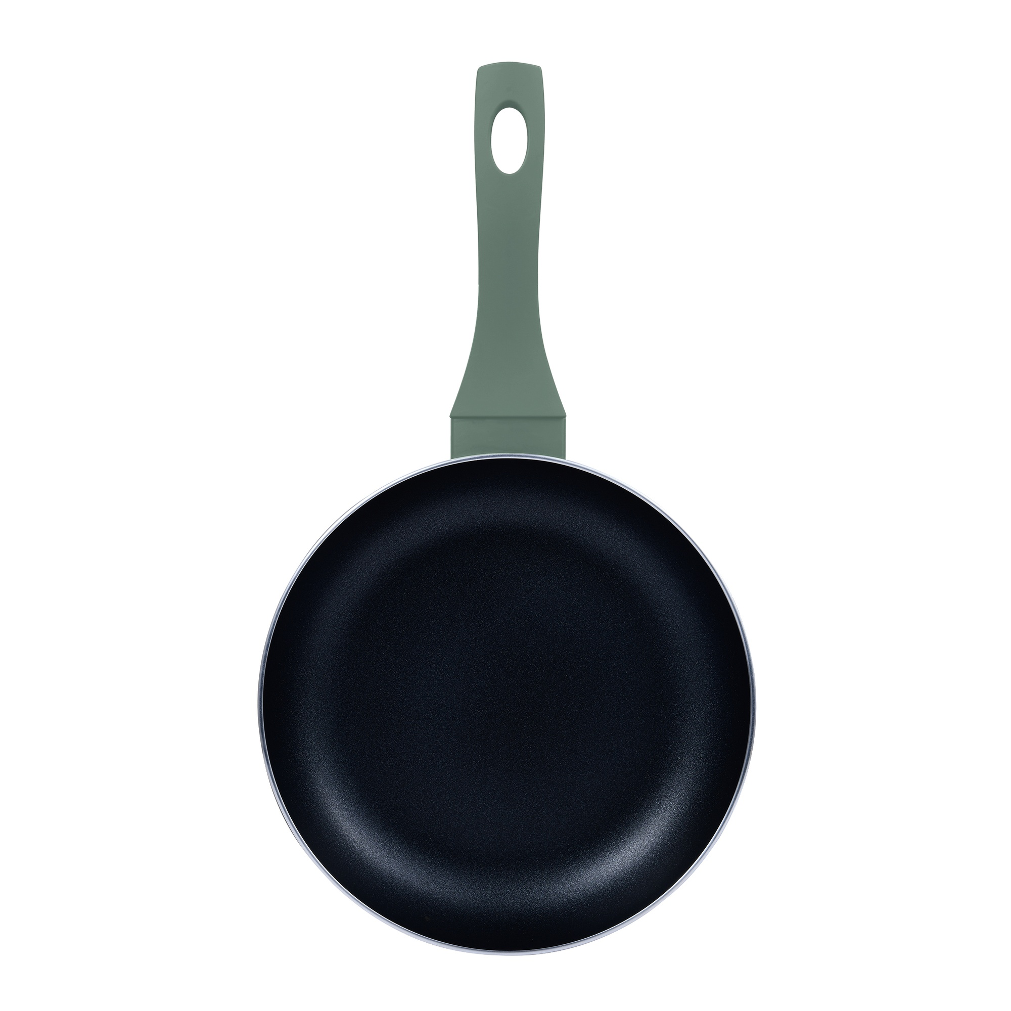 Sartén antiadherente. Es negro por dentro. El mango es verde. Aislado sobre fondo blanco.