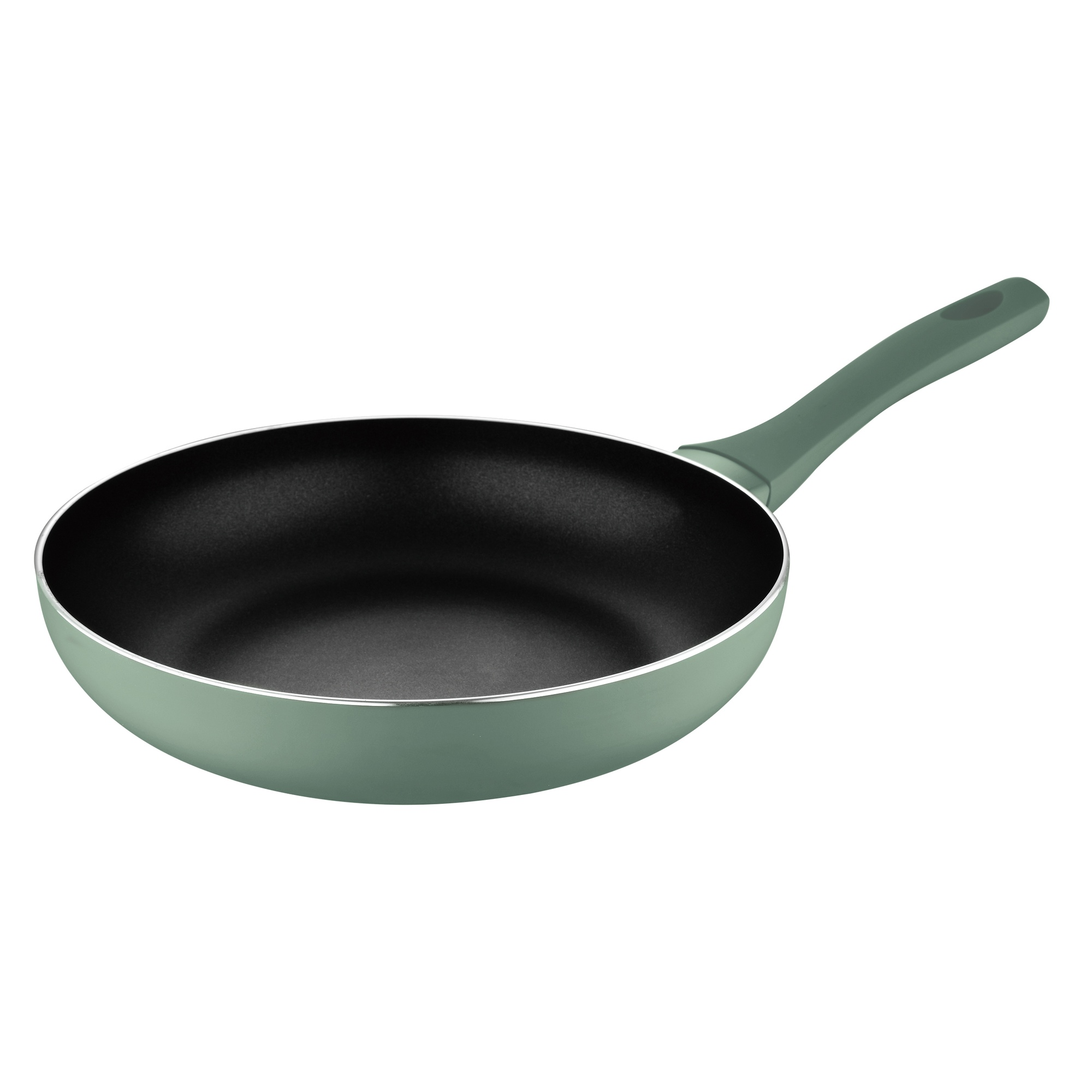 Una sartén verde sobre una superficie blanca. La sartén está vacía y tiene un interior negro.