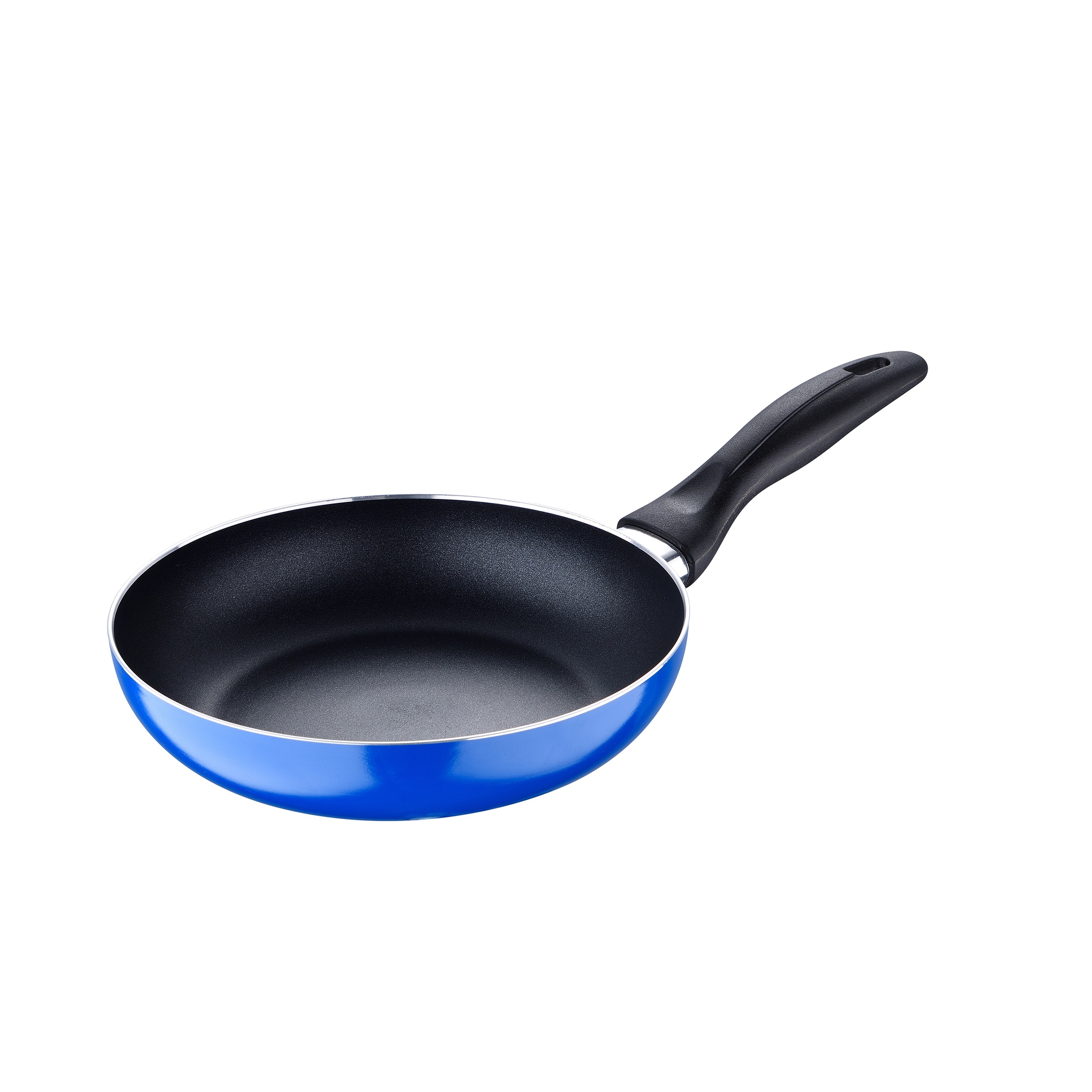 Sartén azul con mango negro sobre fondo blanco.