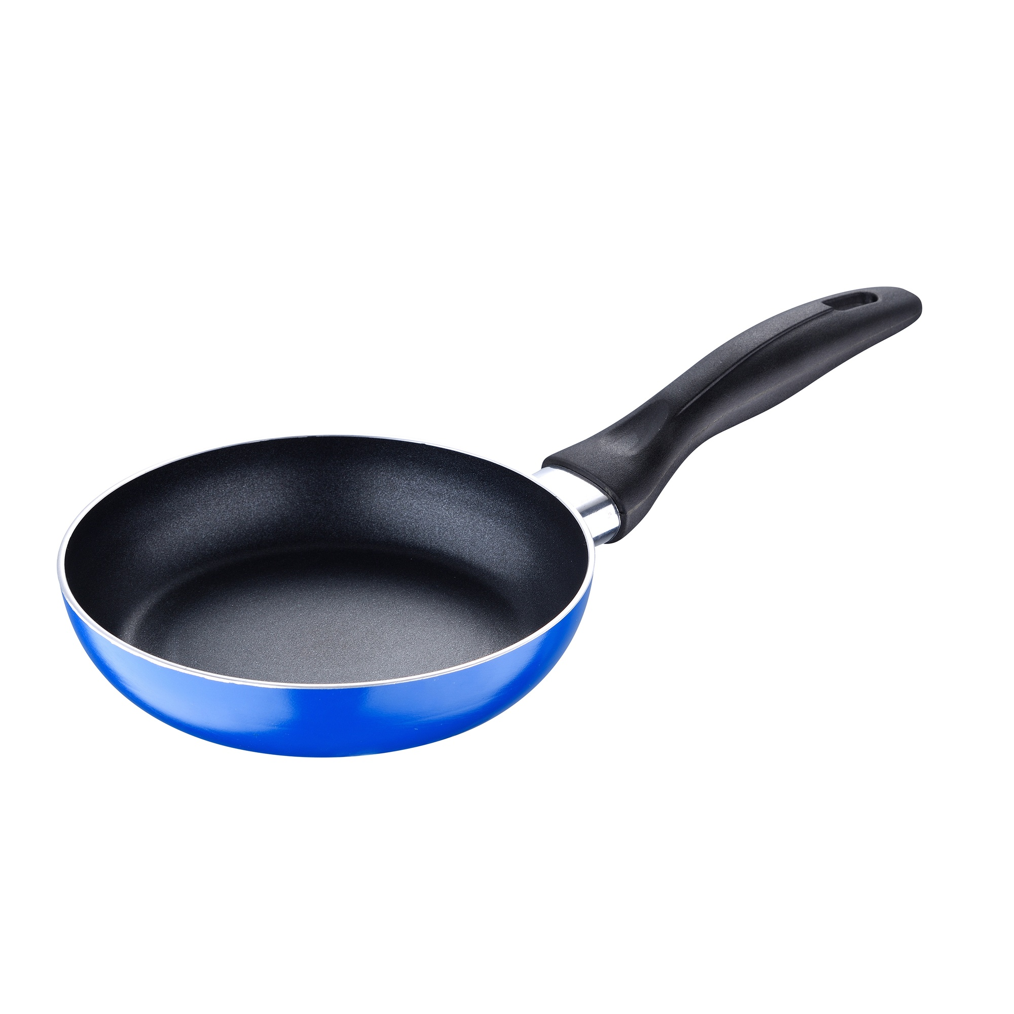 Una sartén azul con un mango negro sobre un fondo blanco.