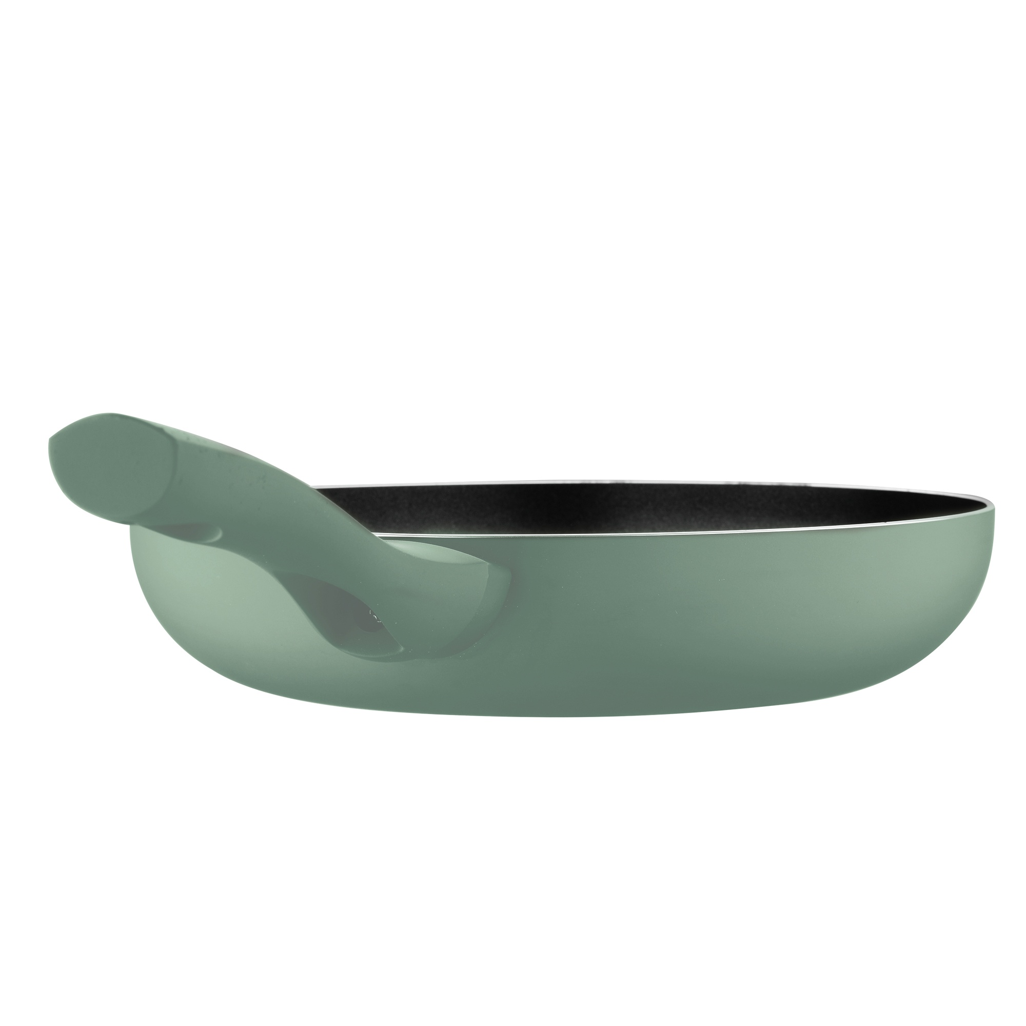 Una sartén verde claro con mango, aislada sobre blanco. El interior es negro.