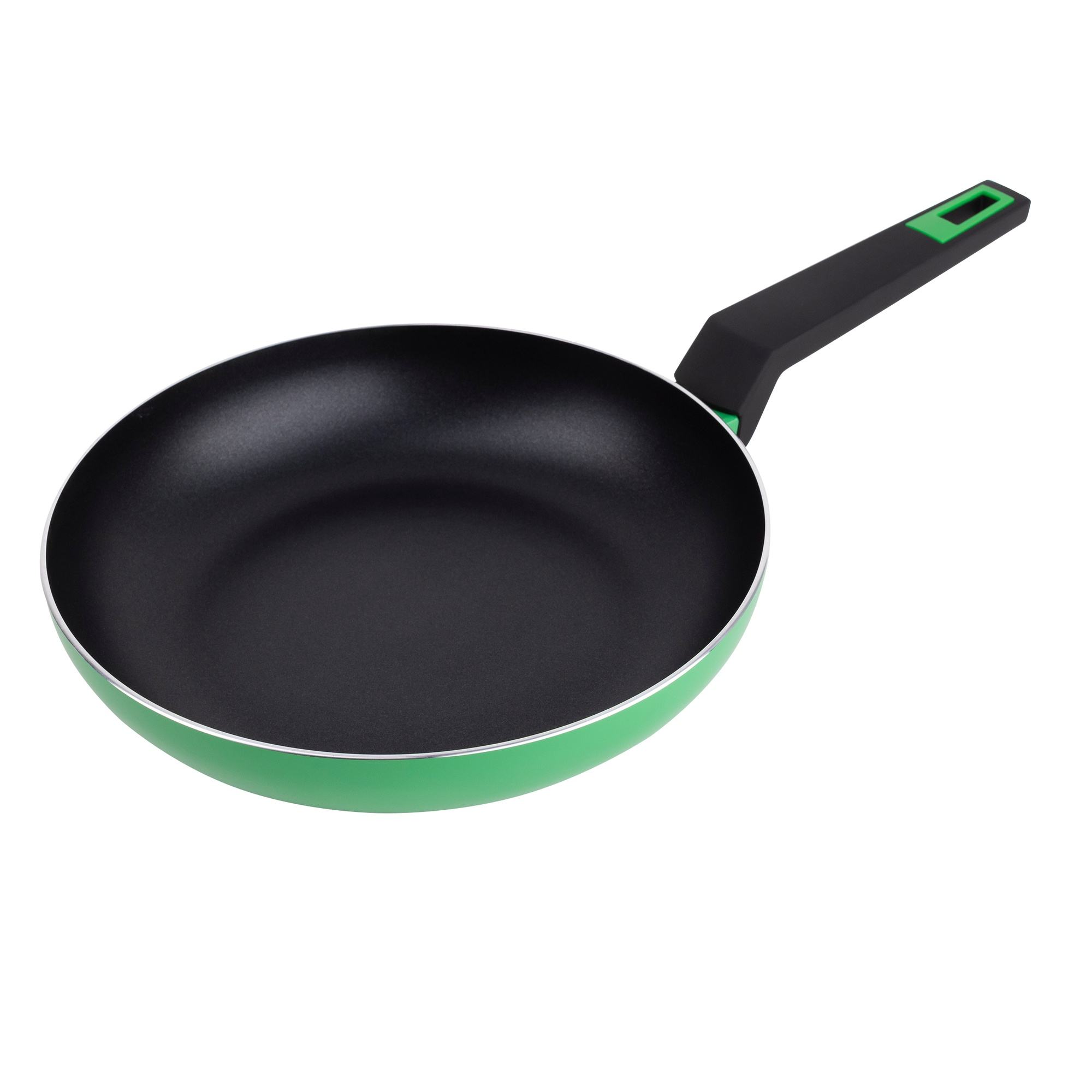 Sartén con borde verde e interior negro, fondo blanco.
