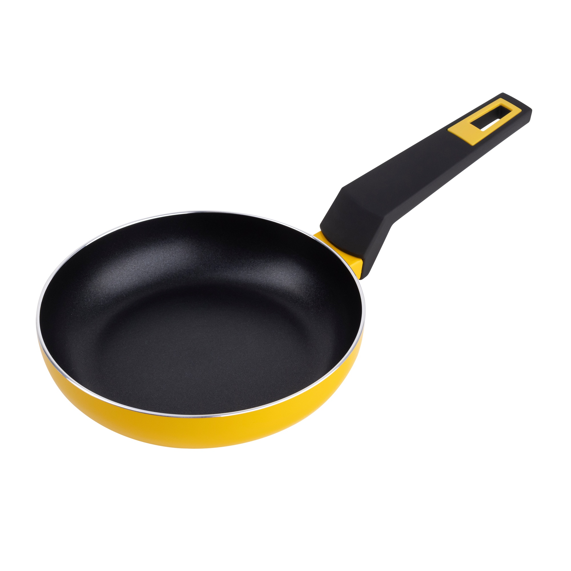 Sartén amarilla con mango negro. La sartén tiene un interior negro.