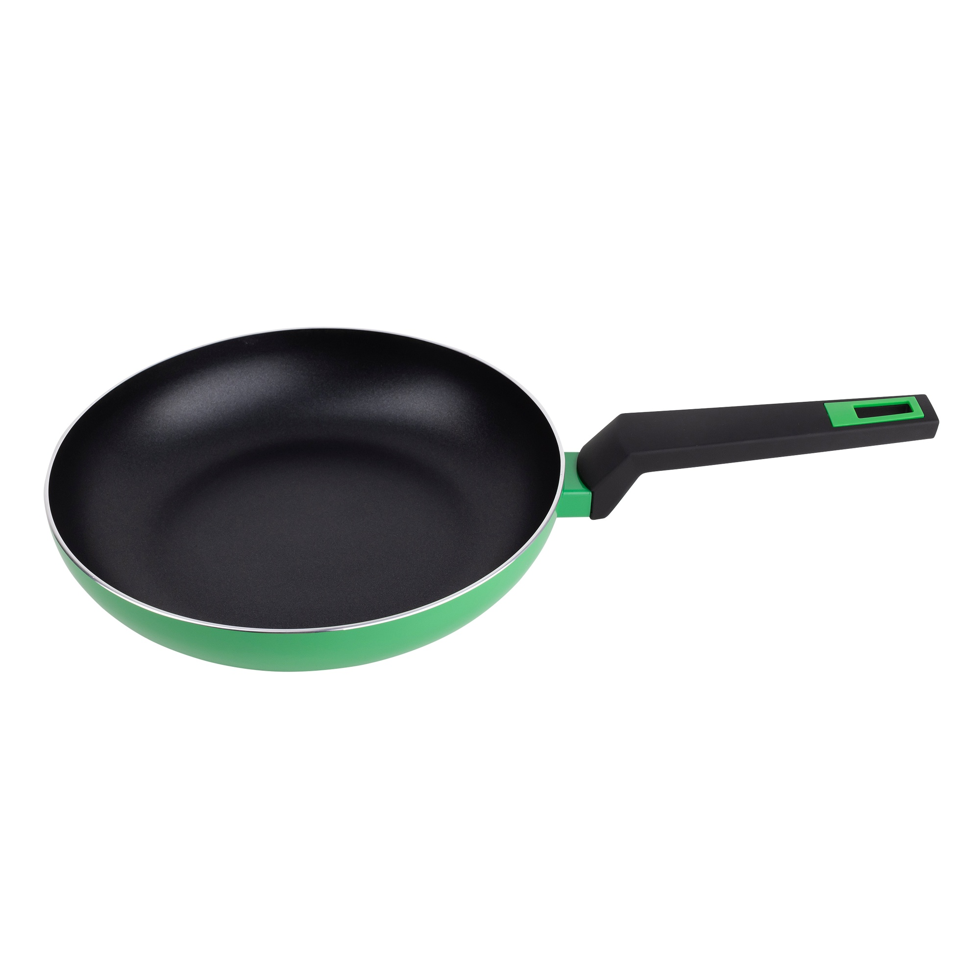 Una sartén verde con mango negro, aislada sobre fondo blanco.