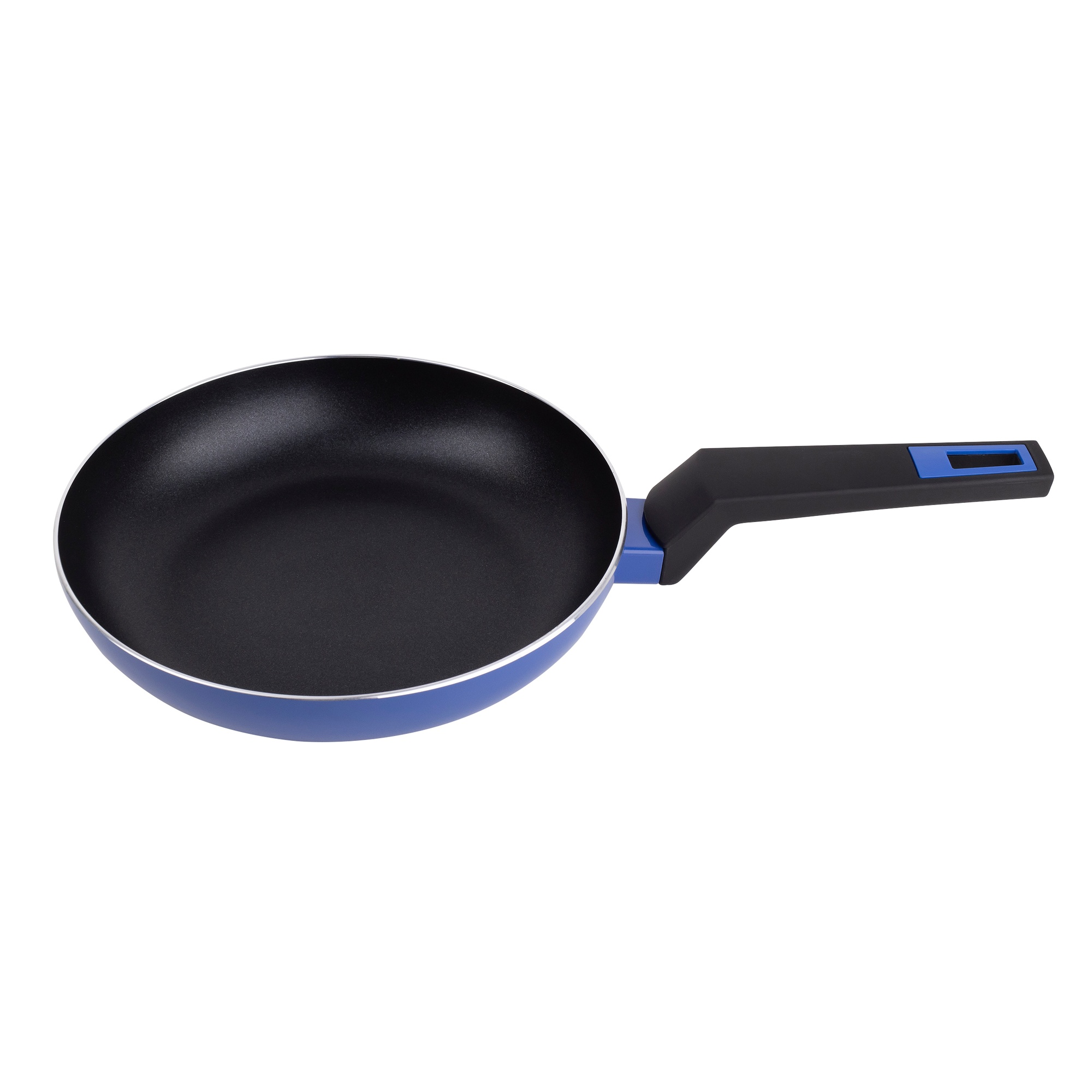 Sartén negra y azul con un mango negro.