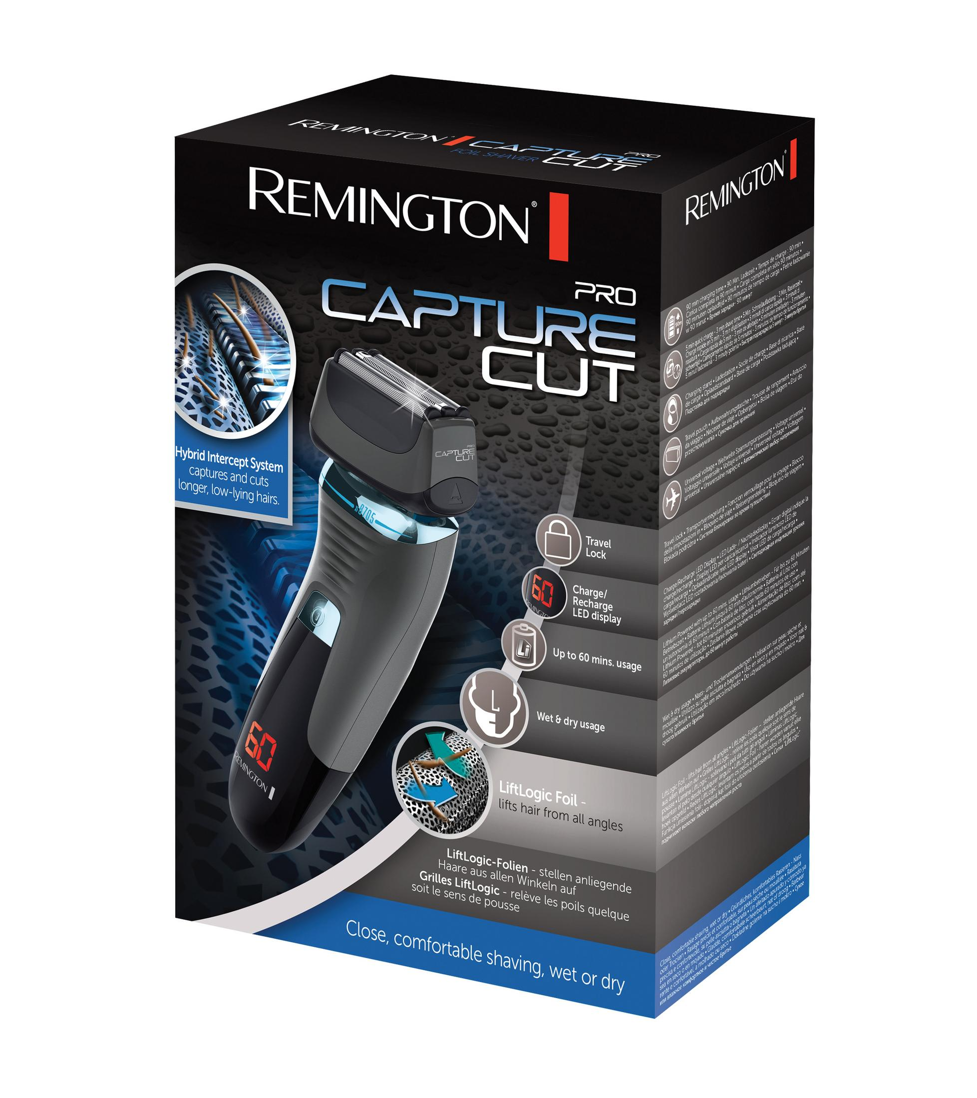 Pudełko do golarki Remington Capture Cut Pro, z tekstem i zdjęciem golarki.