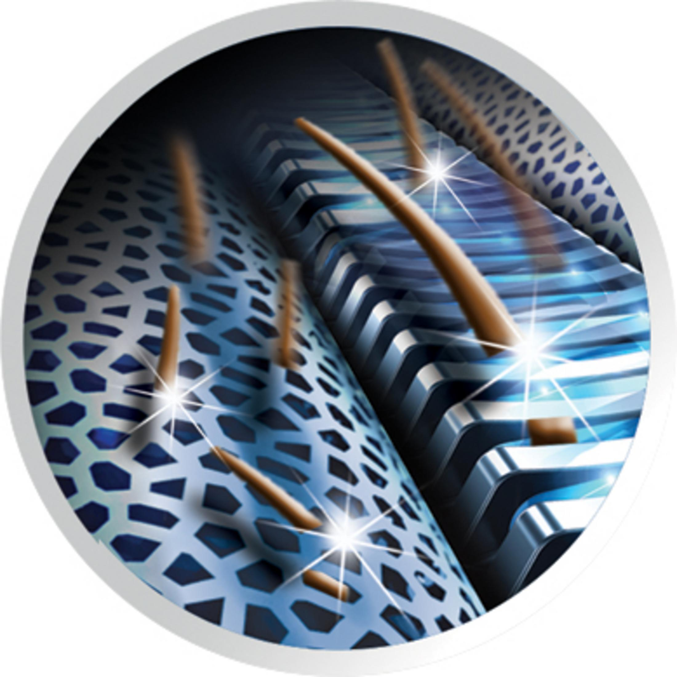 Zbliżenie ostrza maszynki do golenia, z pasmami włosów, pokazujące szczegóły mechanizmu tnącego.