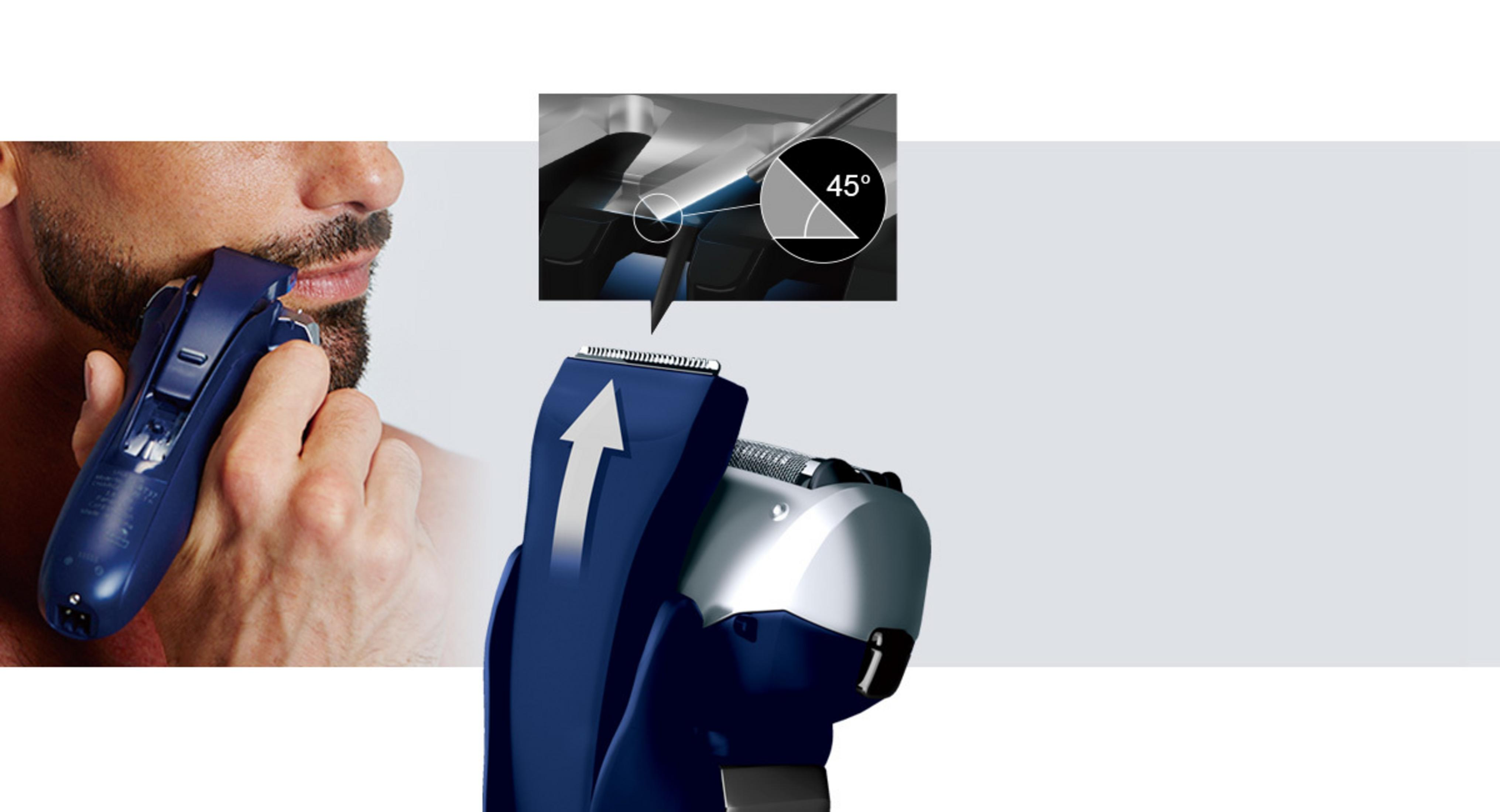 Mann rasiert sein Gesicht mit einem blauen Elektrorasierer. Diagramm zeigt den Klingenwinkel.
