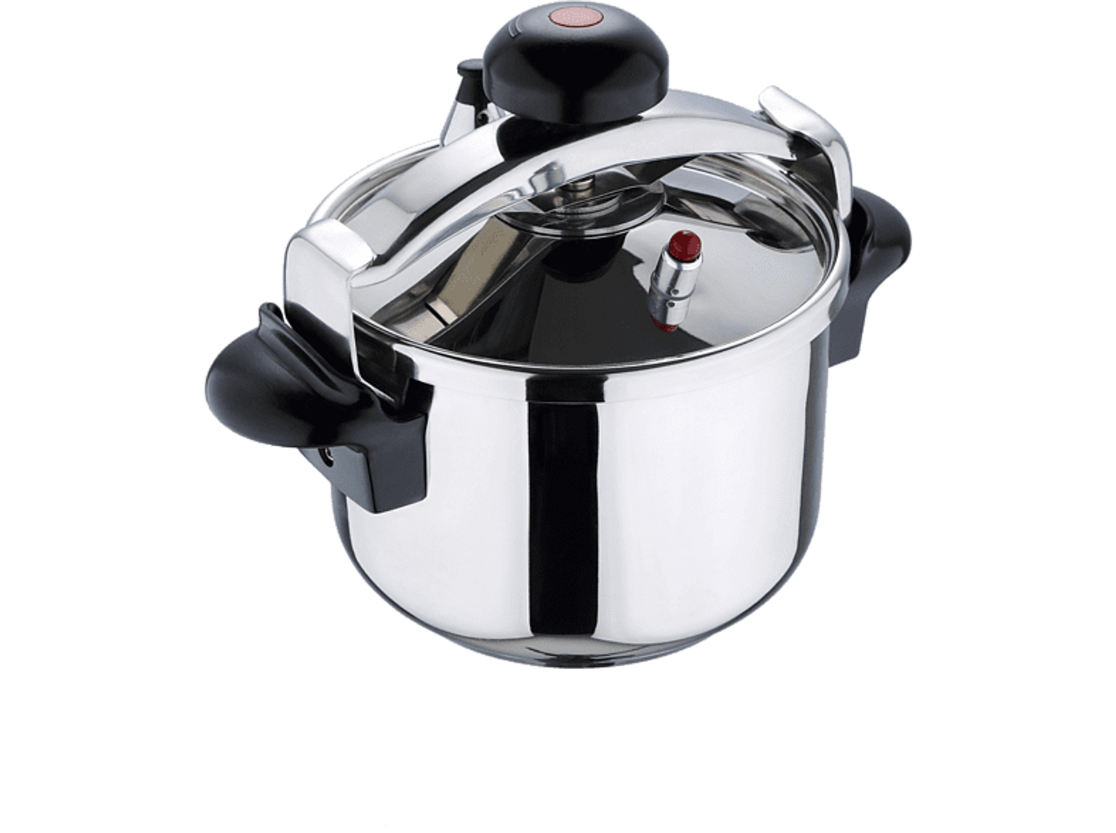 Pentola a pressione in acciaio inox, manici e coperchio neri, su sfondo nero.