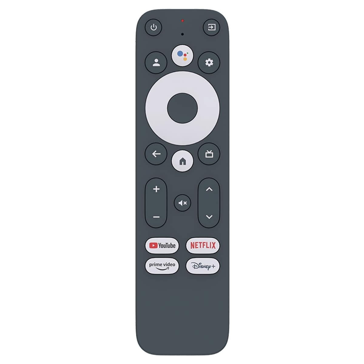 Mando a distancia gris con botones, incluidos YouTube, Netflix y Prime Video.