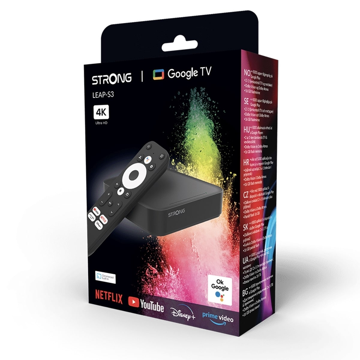 Una caja con el logotipo de Google TV y un mando a distancia. La caja es negra y el mando también.