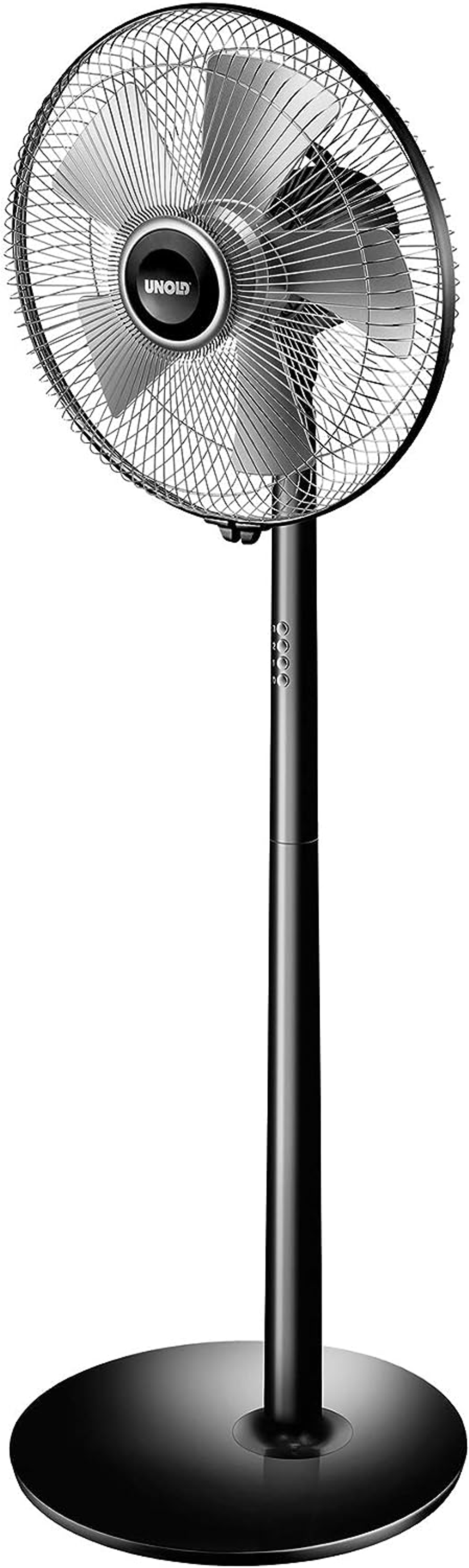Czarny wentylator elektryczny na stojaku, z okrągłą głowicą i czarną podstawą.