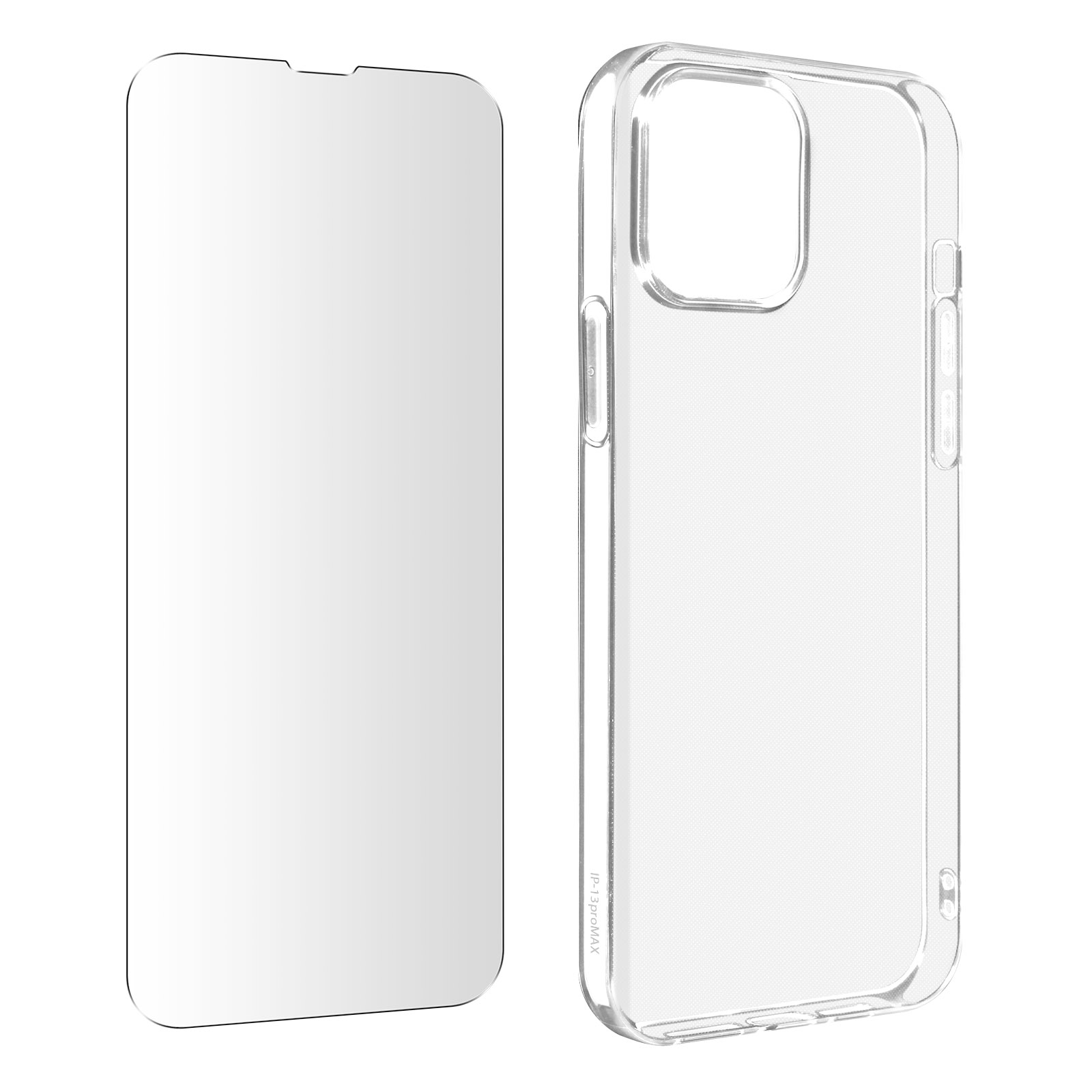Een screenprotector van gehard glas en een transparante telefoonhoes. Beide liggen op een wit oppervlak.
