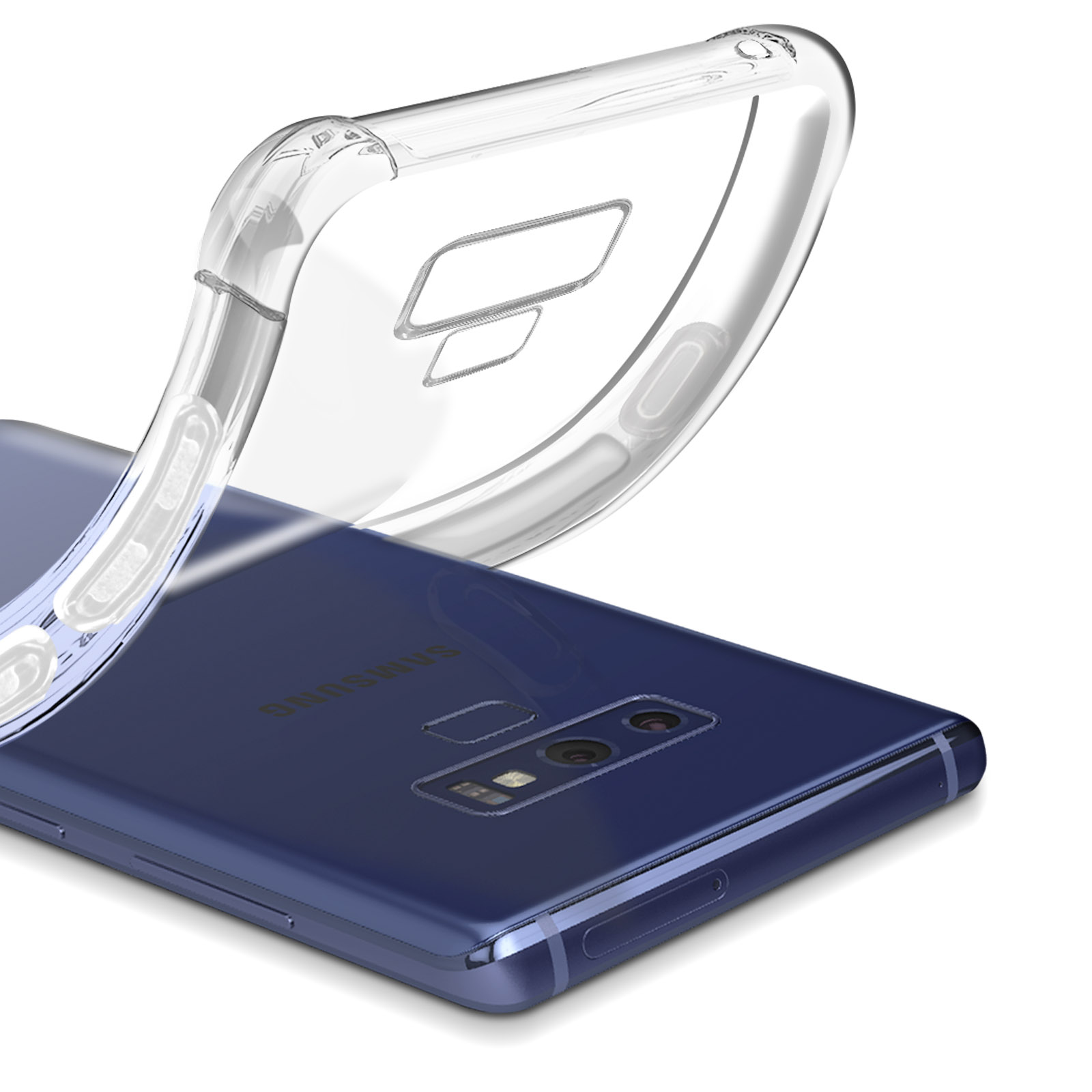 Custodia trasparente per telefono su un telefono blu. La custodia è leggermente flessa.