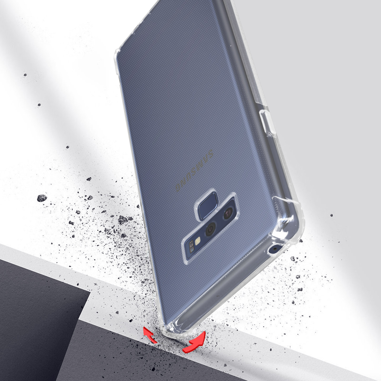 Una custodia per telefono cade, mostrata a mezz'aria. Sfondo bianco con detriti grigi e neri.