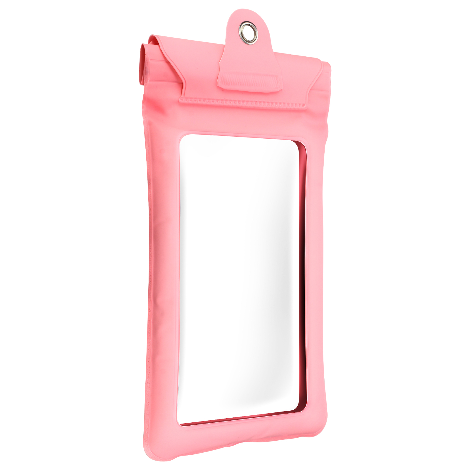 Custodia rosa impermeabile per telefono, sigillata in alto, con finestra trasparente.