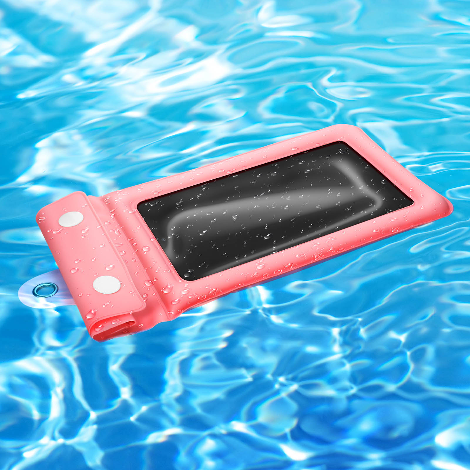 Una custodia rosa impermeabile per telefono che galleggia nell'acqua. L'acqua è blu.
