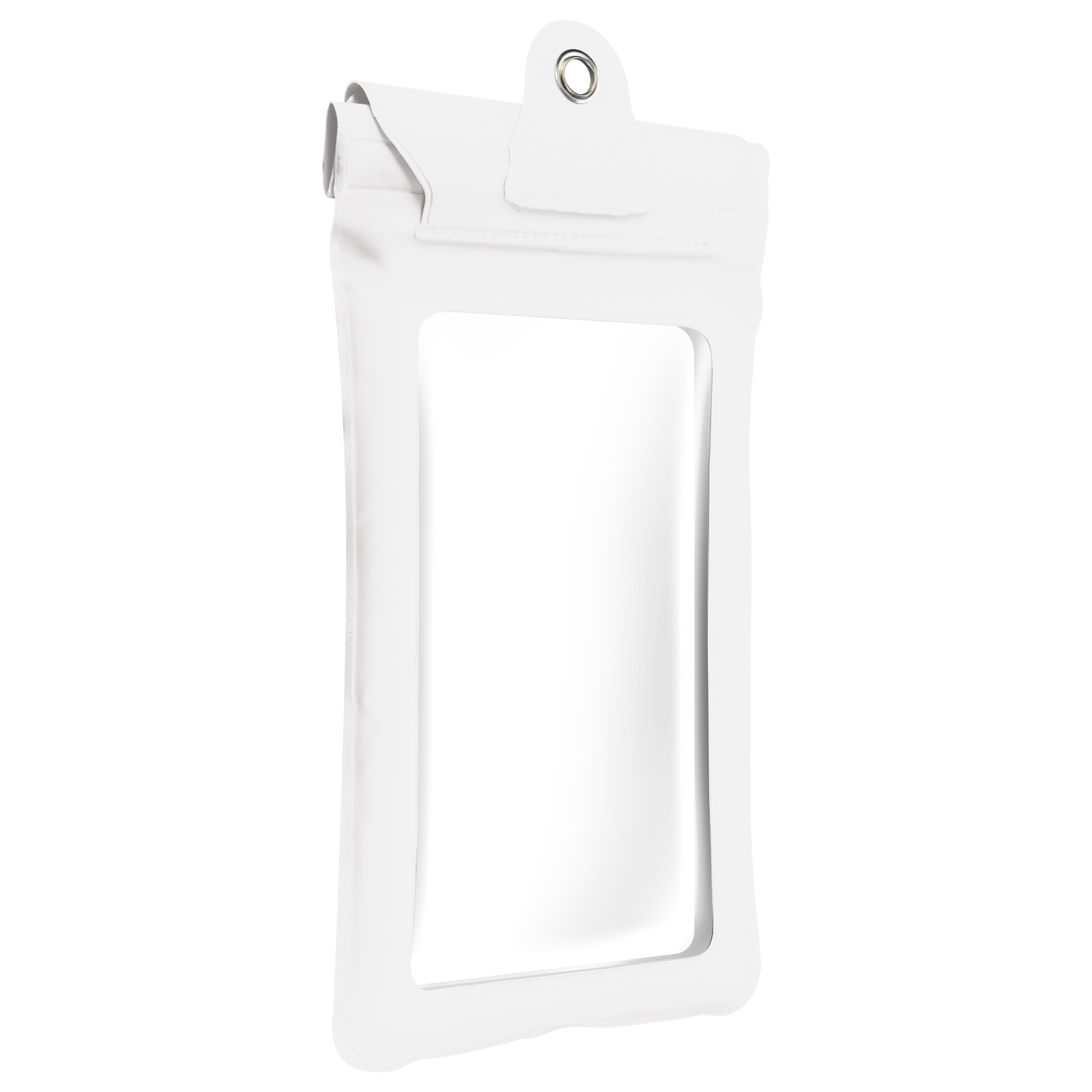 Weiße wasserdichte Telefontasche mit transparentem Fenster und Verschluss.