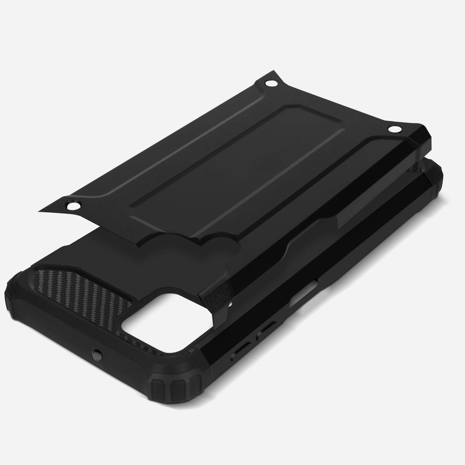 Custodia nera per telefono, smontata, parti separate, sfondo bianco.