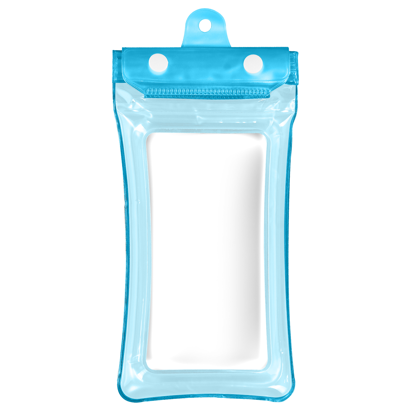 Borsa impermeabile trasparente per telefono, dettagli blu. Sfondo bianco.