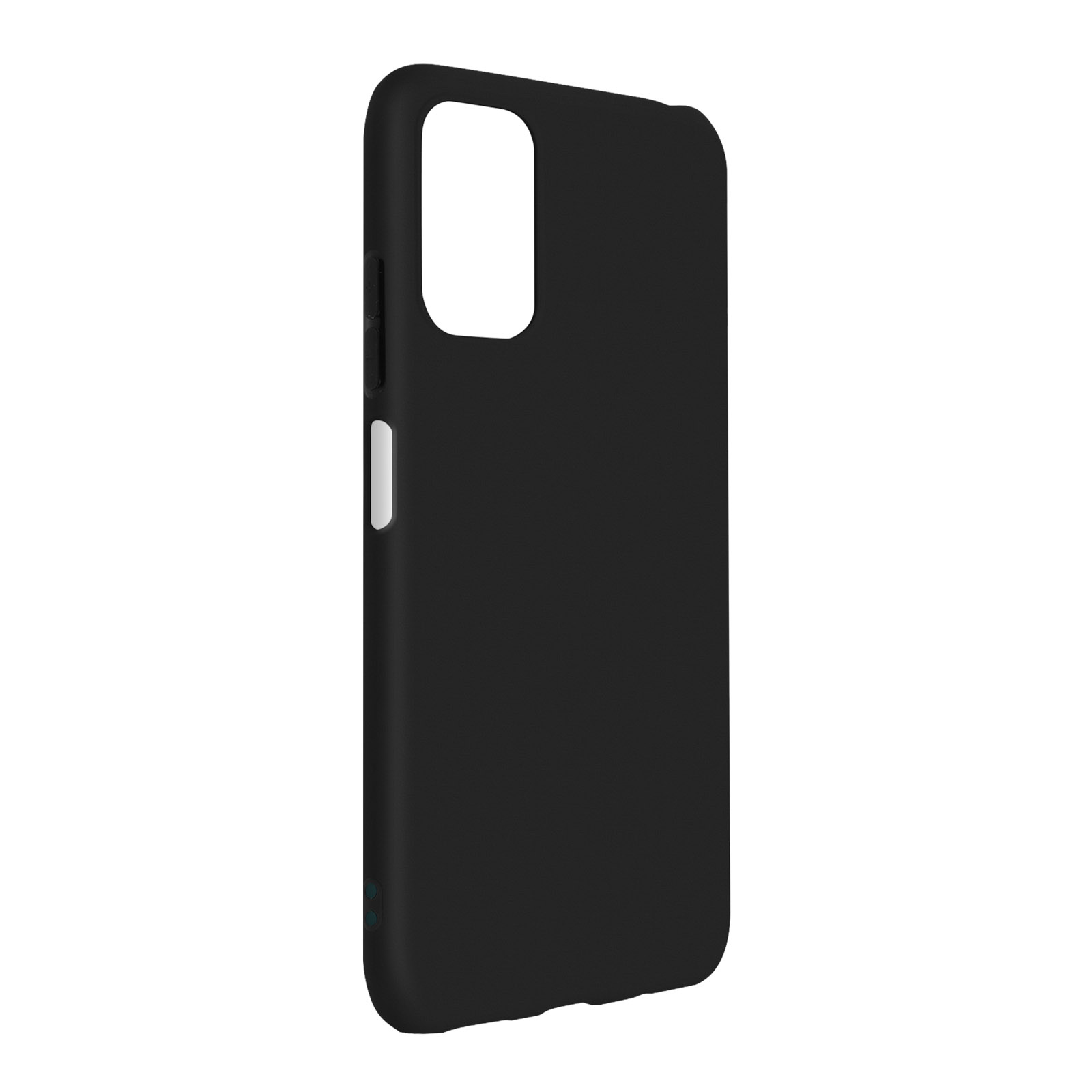 Coque de téléphone noire. Boutons de volume sur le côté et une découpe pour l'appareil photo.