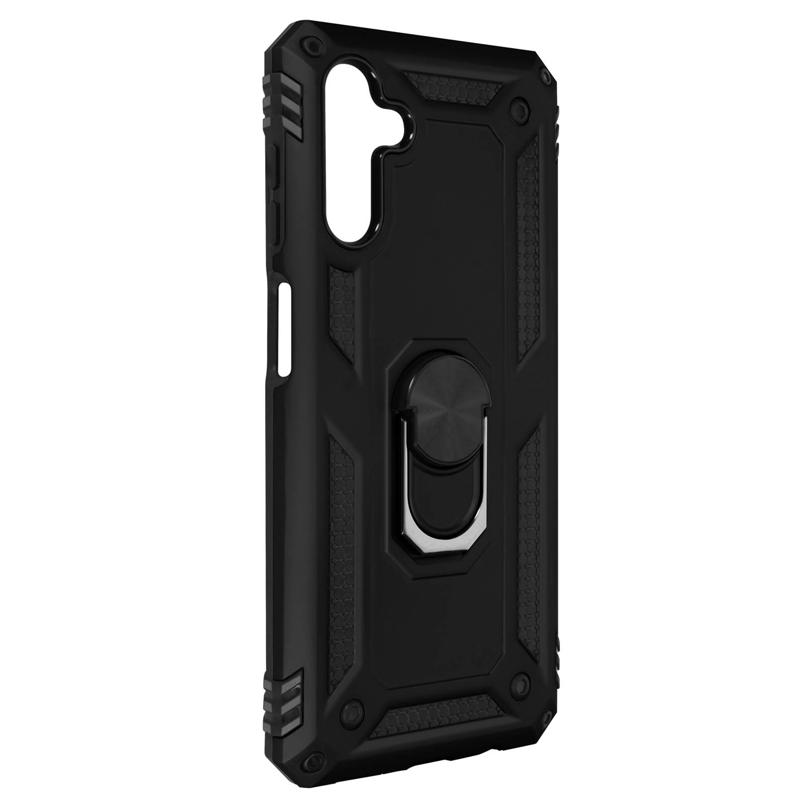 Custodia per telefono nera con supporto ad anello. Accenti neri e grigi. Sfondo nero.