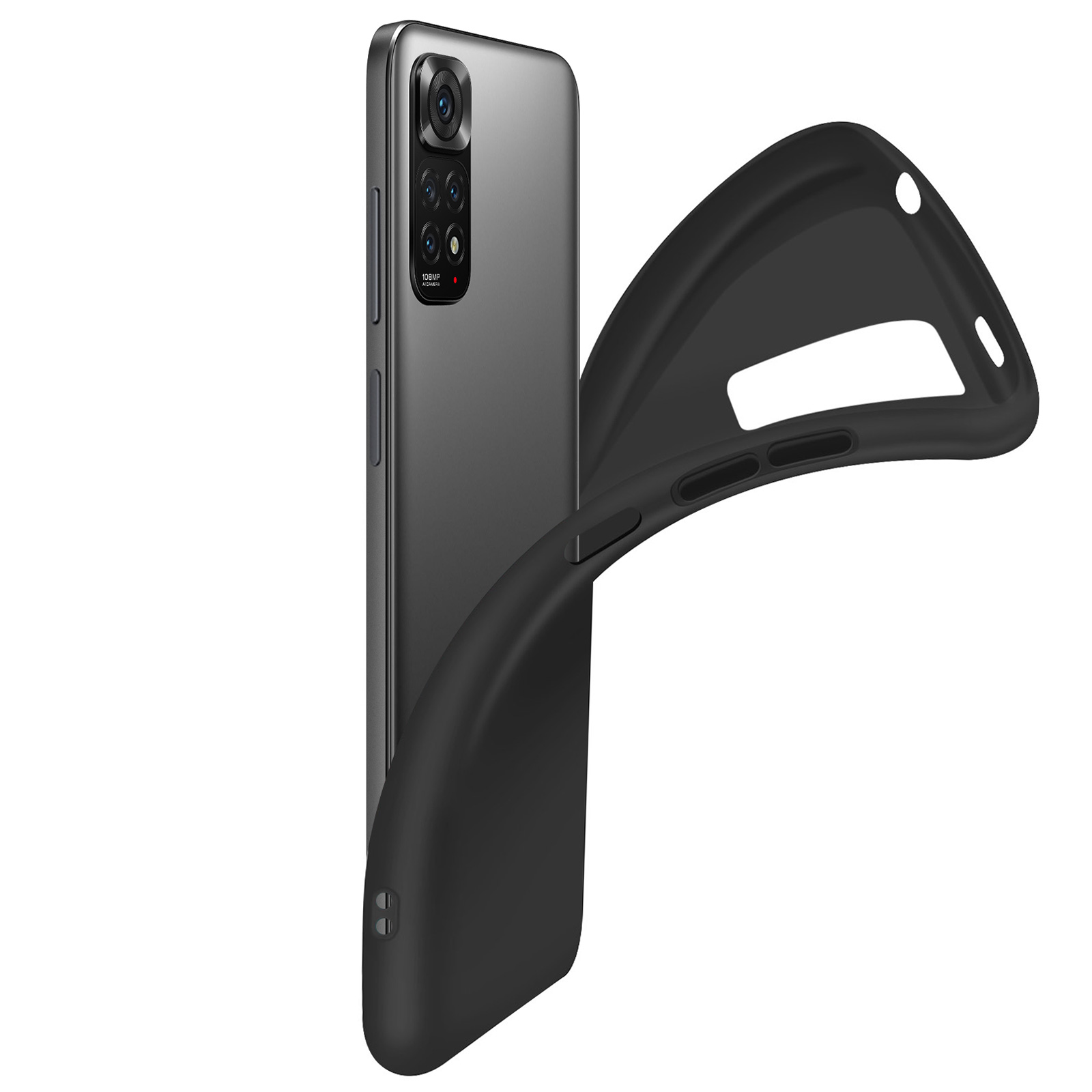 Téléphone noir avec coque noire. Le téléphone a une caméra et est sur fond blanc. Coque ouverte.