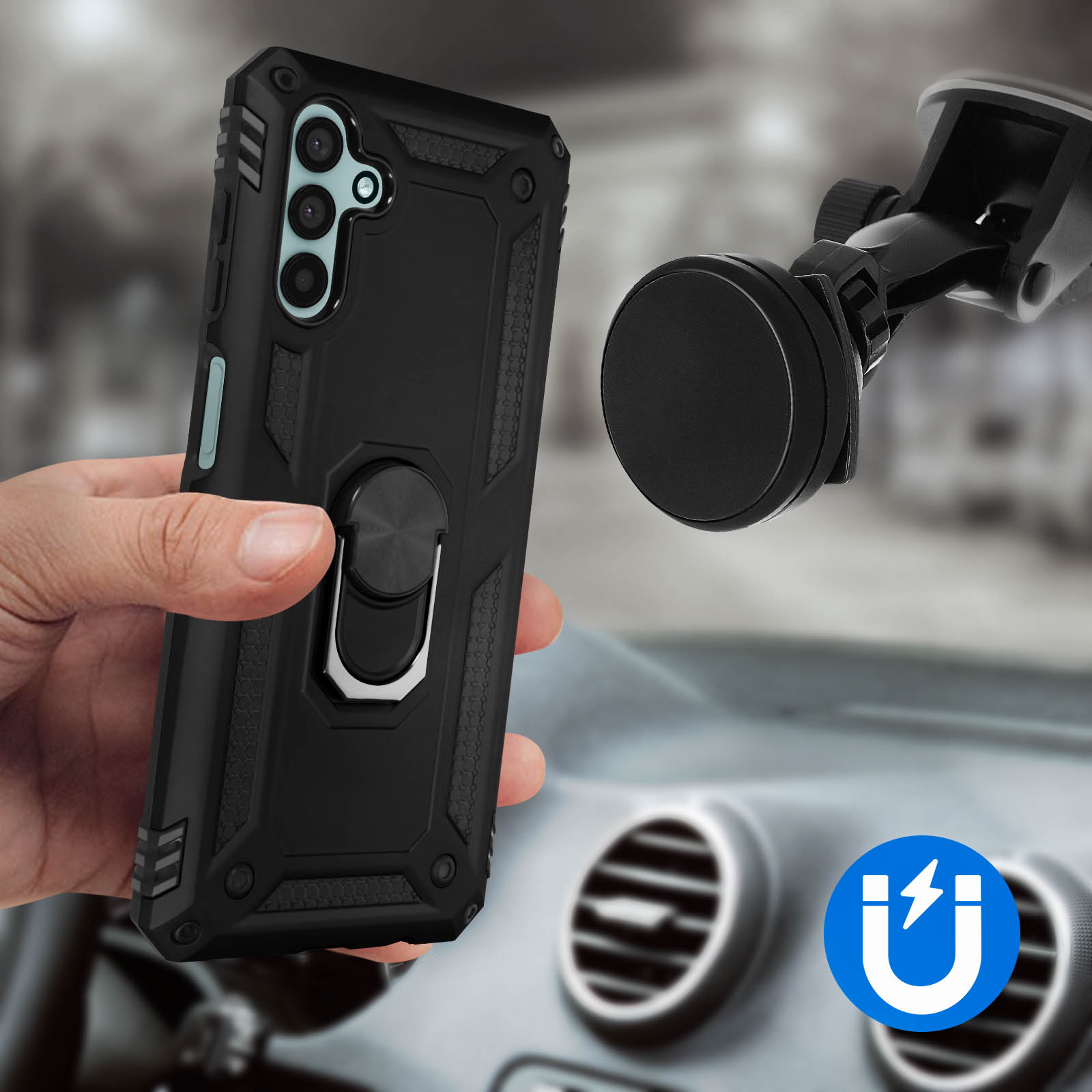 Custodia nera, mano che tiene il telefono, supporto per auto. Simbolo magnete.