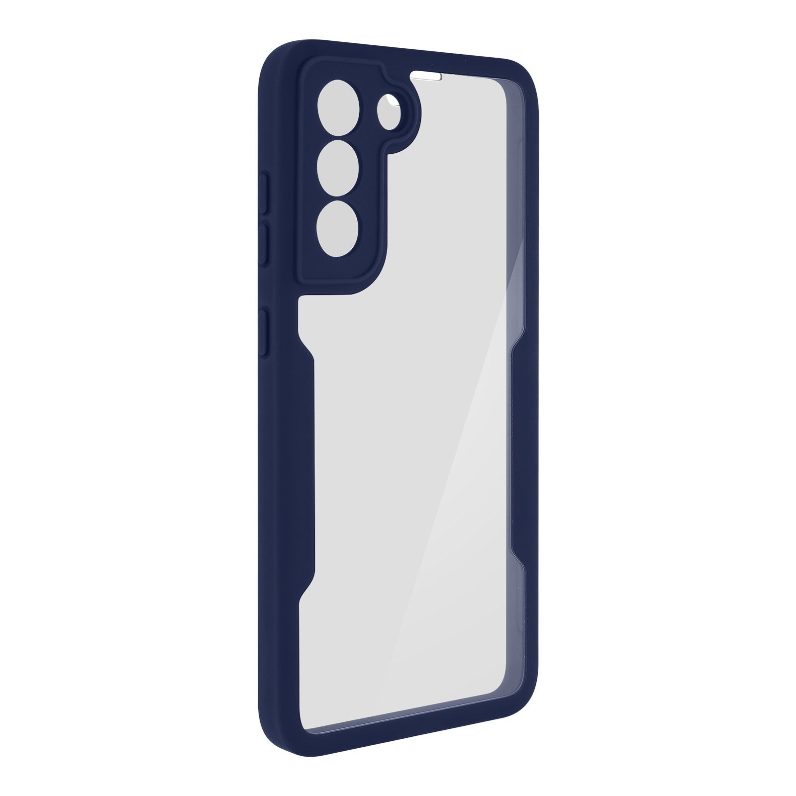 Donkerblauwe telefoonhoes, doorzichtige achterkant, drie cameralenzen.