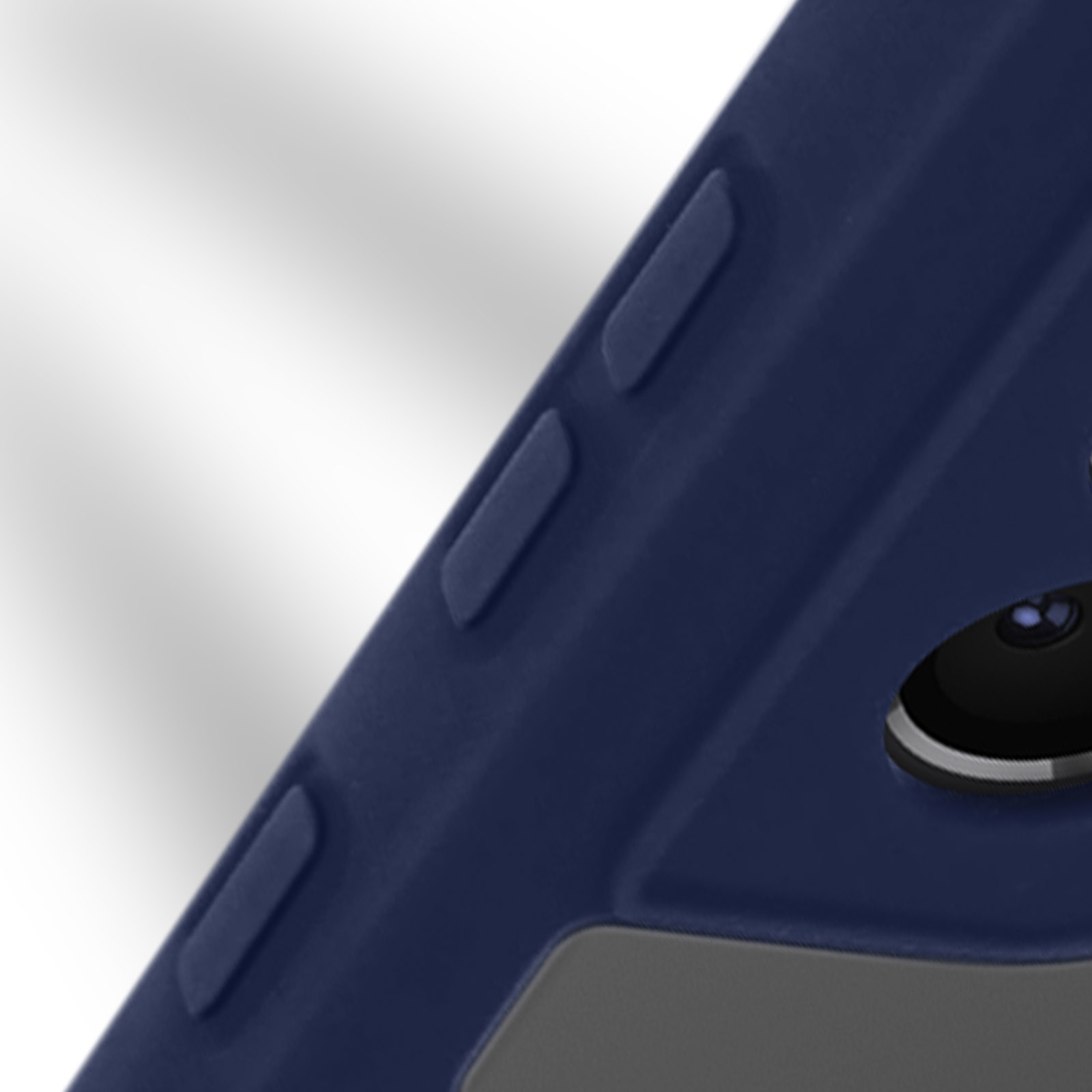 Close-up van een blauwe en grijze telefoonhoes, met knoppen en een camera.