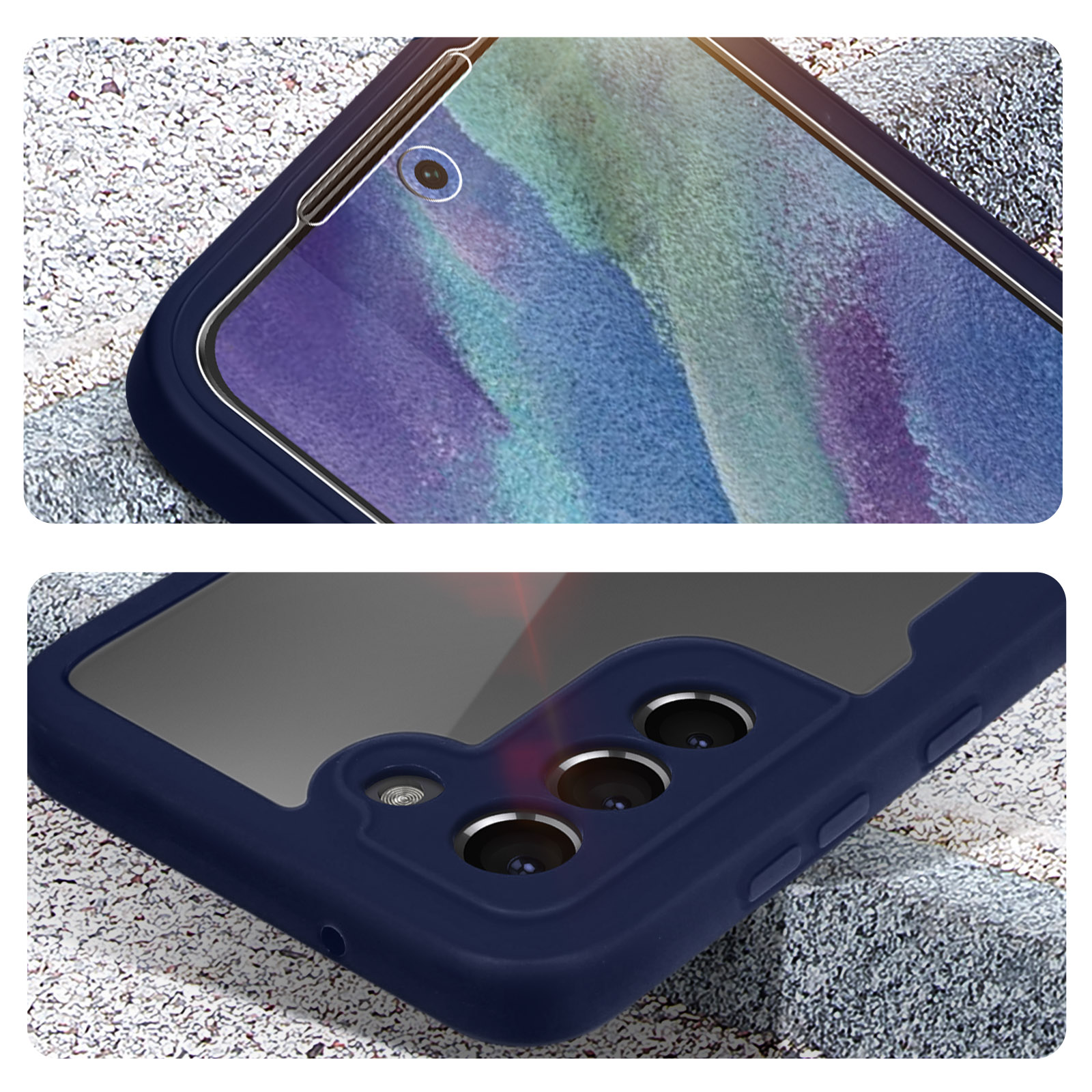 Telefoonhoes met een transparant ontwerp, toont de camera van de telefoon.