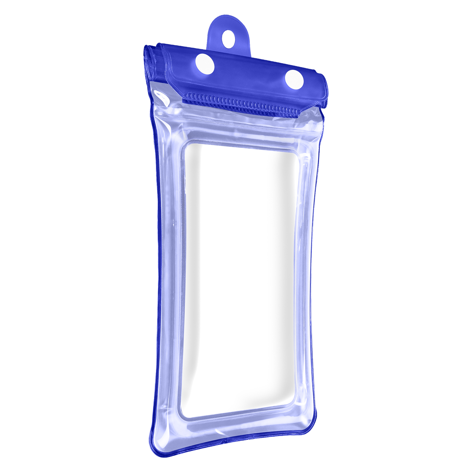 Transparente, wasserdichte Telefontasche mit blauen Akzenten. Mit blauem Verschluss.