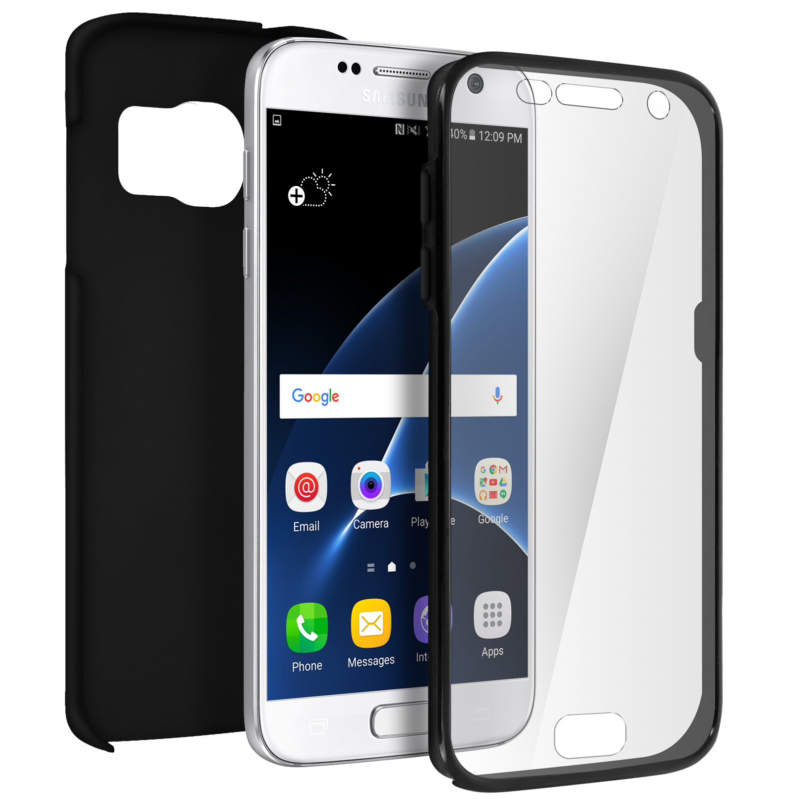 Ein weißes Telefon mit Displayschutz und schwarzer Handyhülle.