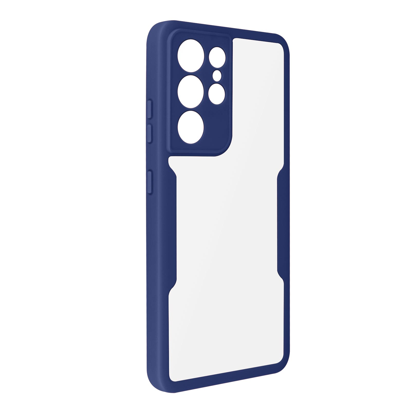 Custodia blu per telefono con retro bianco. La custodia ha ritagli per fotocamera e pulsanti.