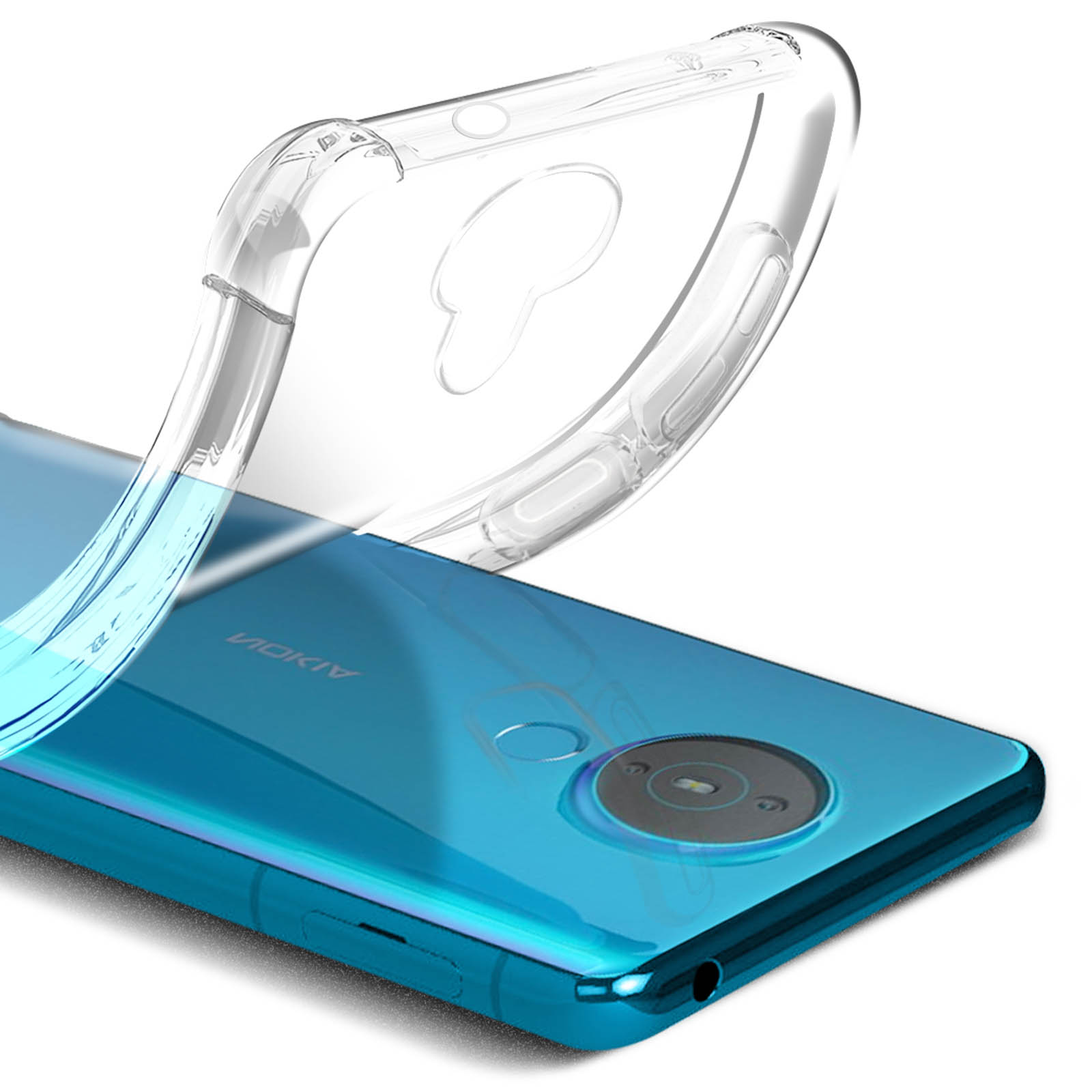 Una custodia trasparente per telefono su un telefono blu. La custodia è piegata. Sfondo bianco.