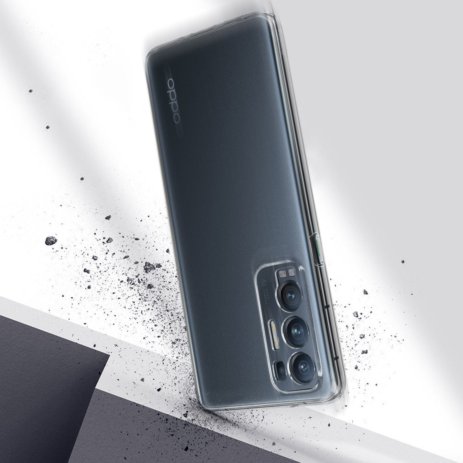 Een doorzichtige telefoonhoes met een telefoon. De hoes ligt op een wit oppervlak met deeltjes.