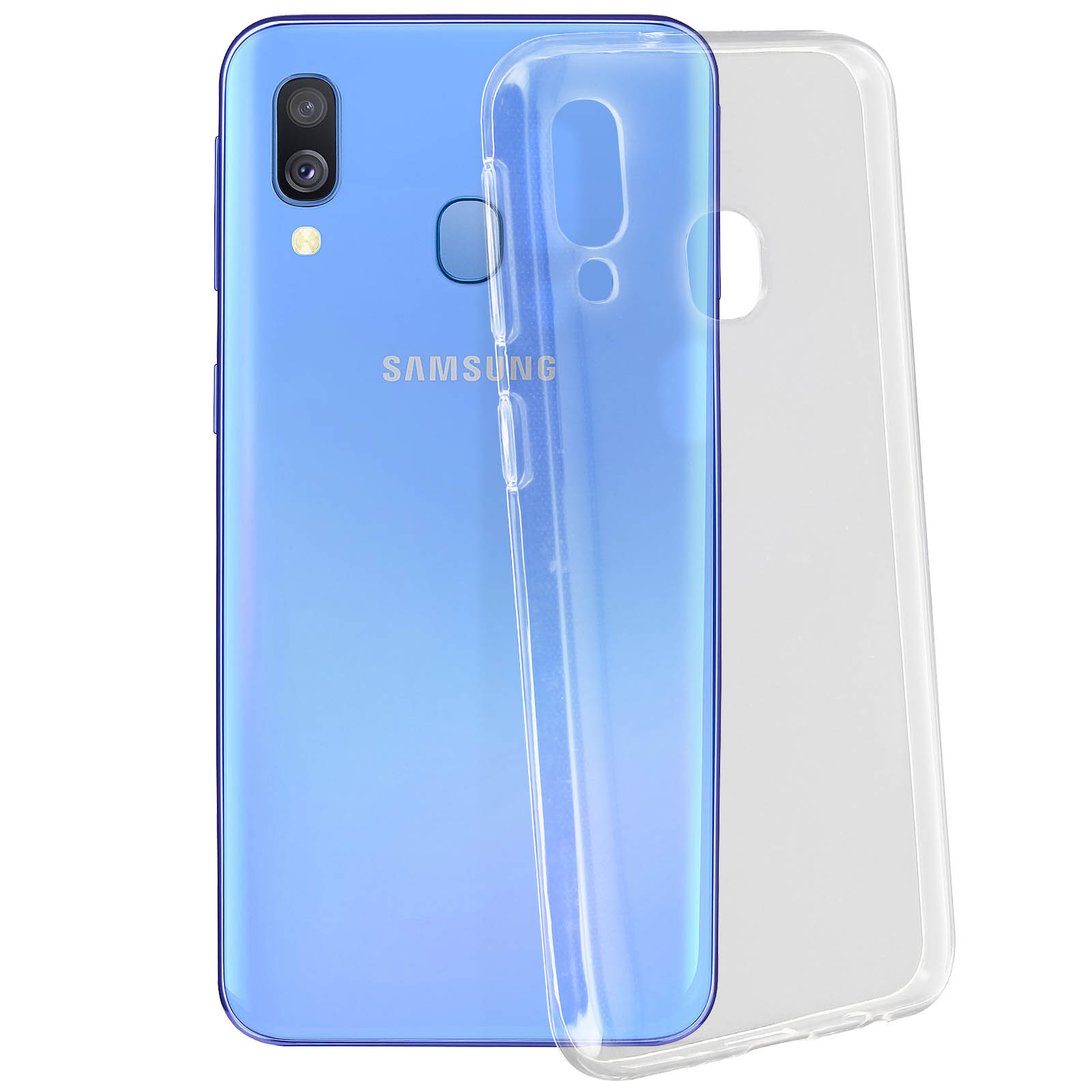 Blauwe Samsung telefoon met een doorzichtige hoes. Een doorzichtige hoes ligt naast de telefoon.