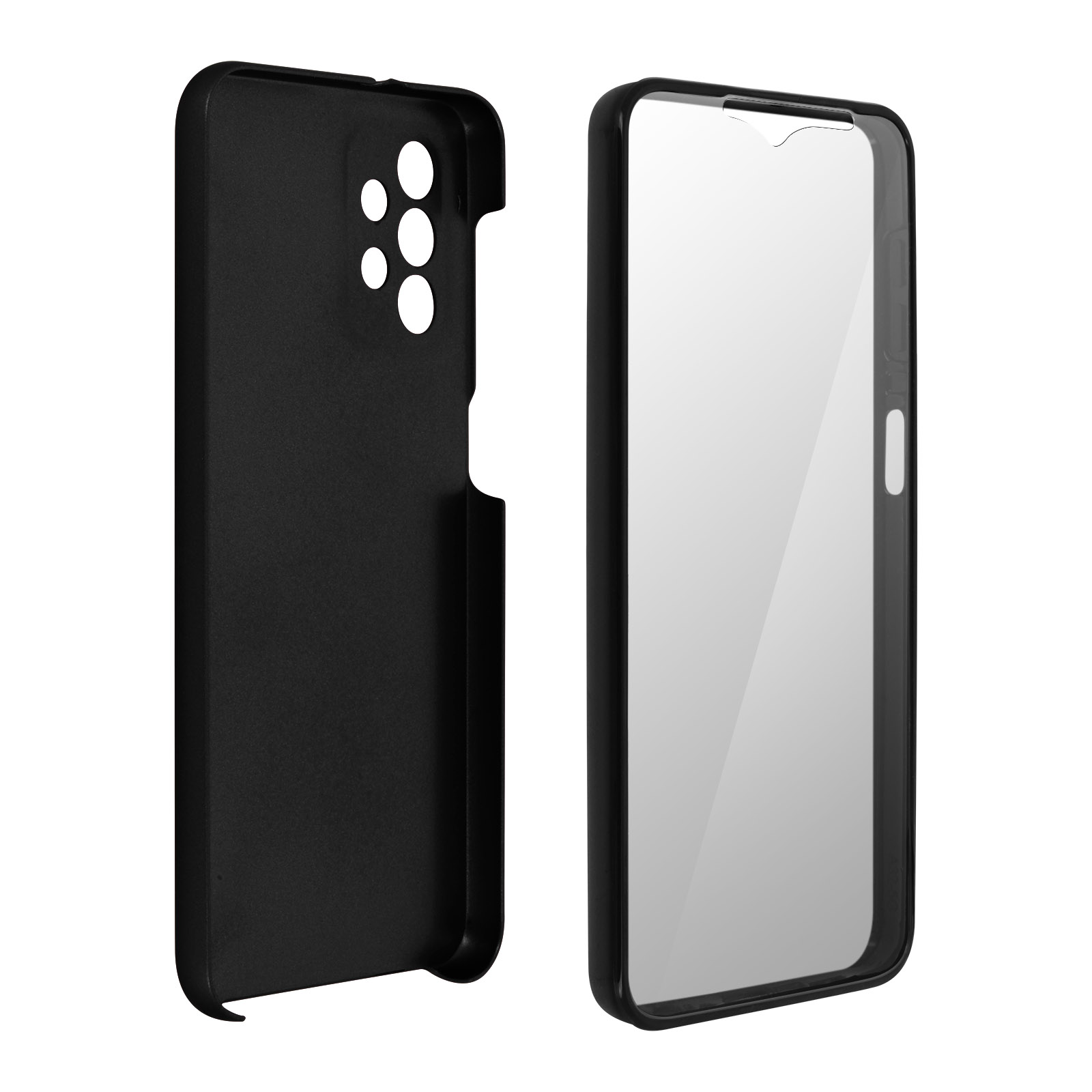 Due custodie nere per telefono, una aperta, che mostra l'interno e gli intagli della fotocamera.