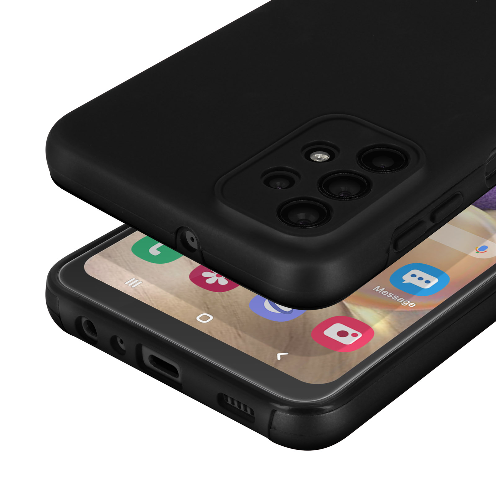 Primo piano di un telefono nero all'interno di una custodia nera. Lo schermo mostra le icone delle app.
