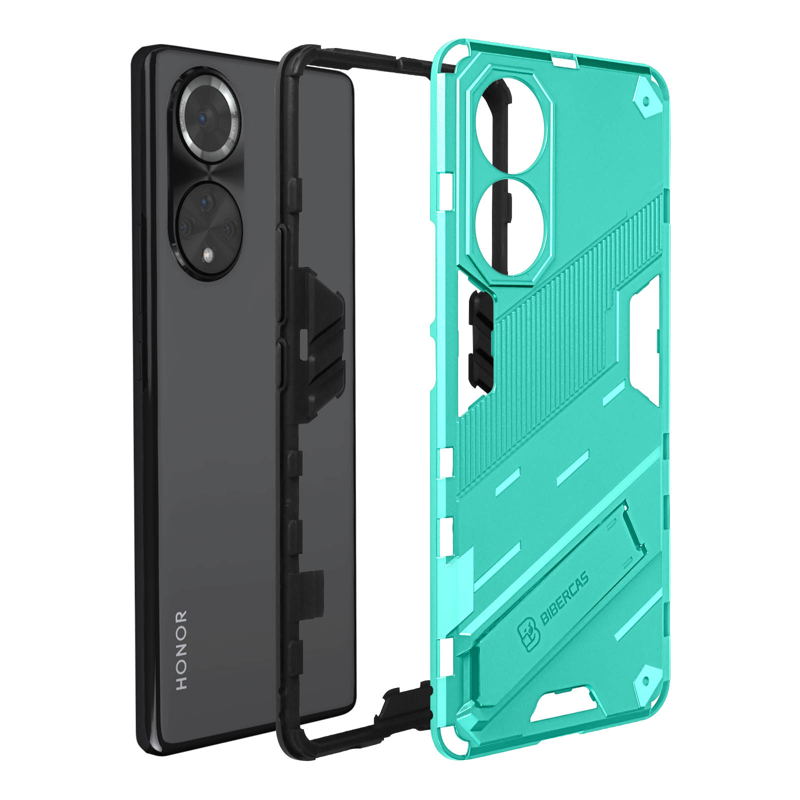 Un telefono con una custodia protettiva. La custodia è verde acqua e nera, con il marchio HONOR.