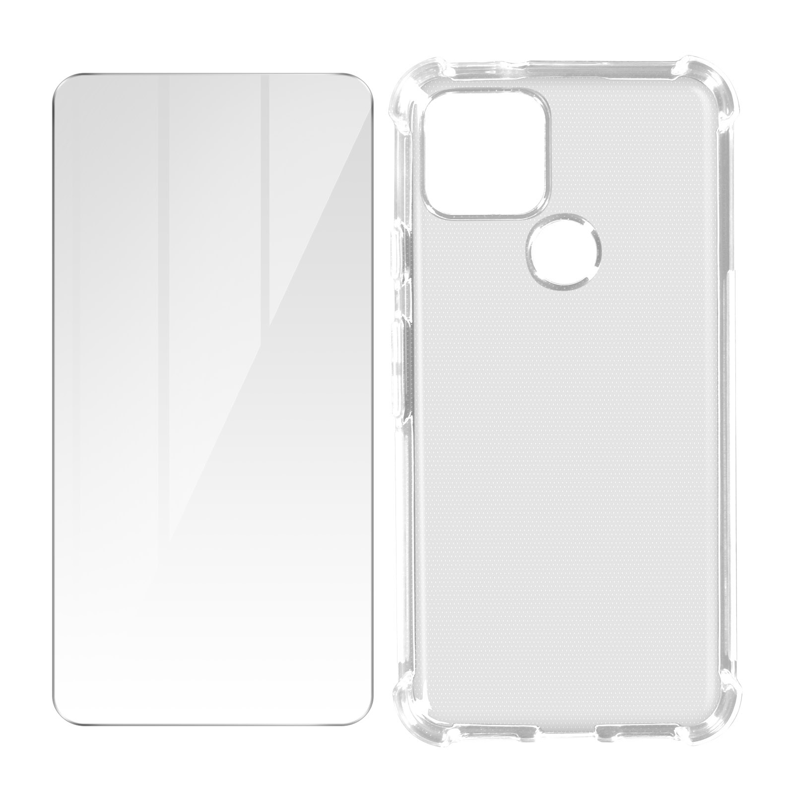 Una custodia per telefono e una protezione per lo schermo. La custodia e la protezione sono trasparenti, con ritagli per la fotocamera.
