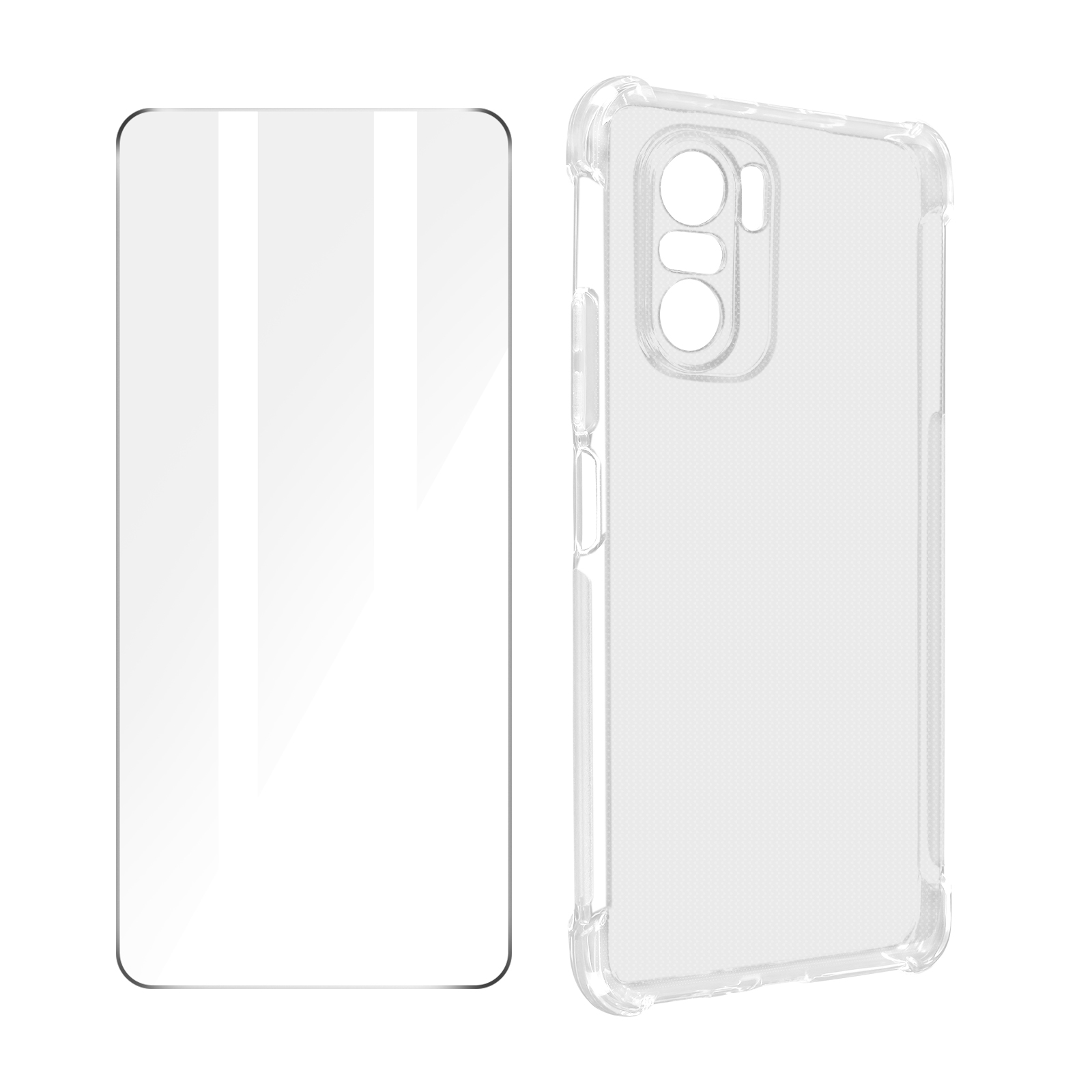 Pellicola protettiva e custodia per telefono. Protezione e custodia trasparenti. Sfondo bianco. Entrambi affiancati.