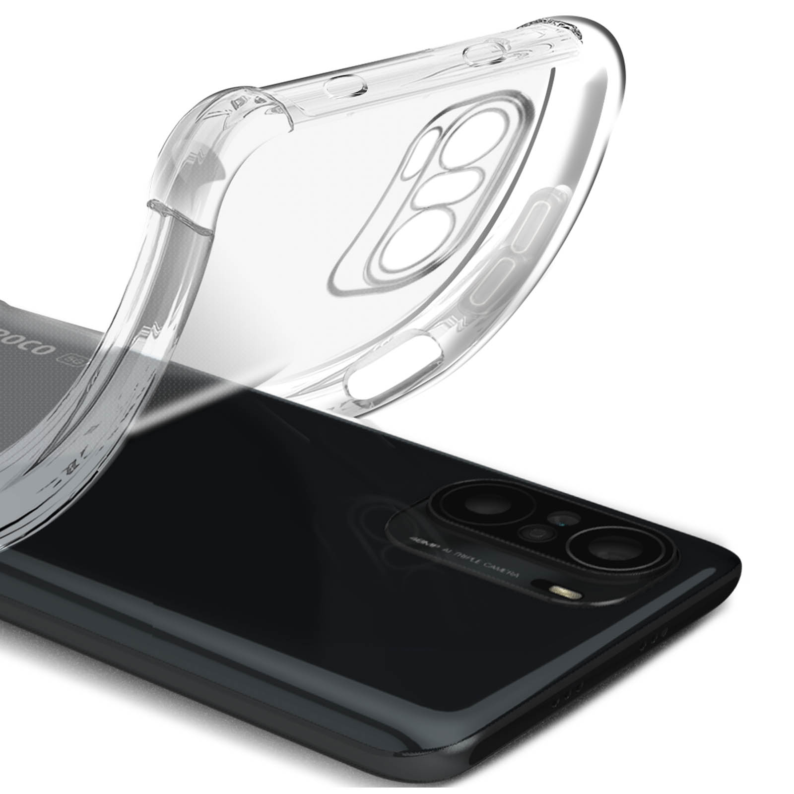Custodia trasparente per telefono su un telefono nero. La custodia copre le fotocamere del telefono.