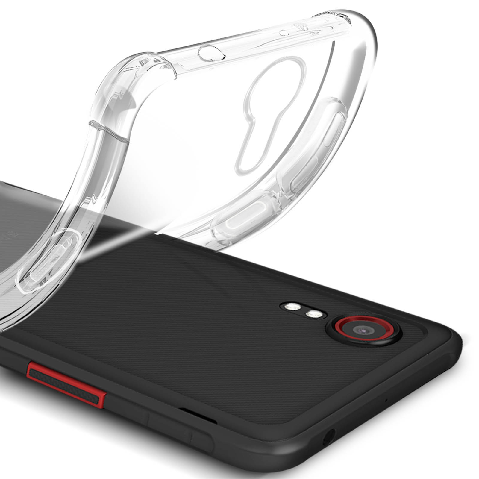 Custodia trasparente su un telefono nero. Pulsante rosso visibile. Custodia aperta sopra.