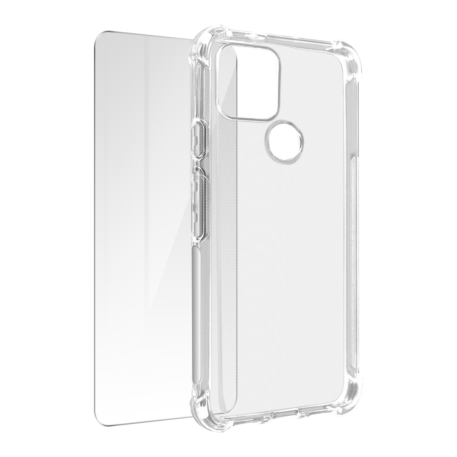 Custodia trasparente per telefono. C'è un foglio di plastica trasparente accanto. La custodia è trasparente.