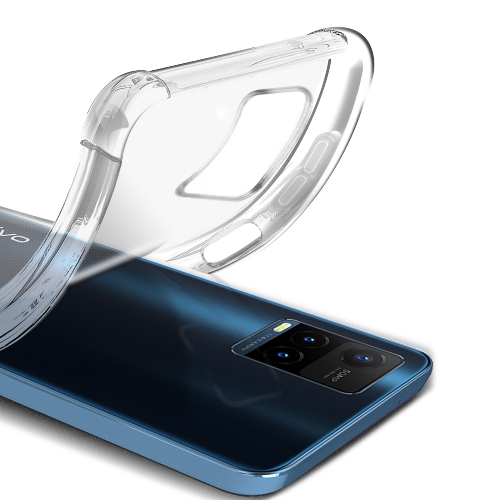 Custodia trasparente per telefono posizionata su un telefono blu, mostrando il design.