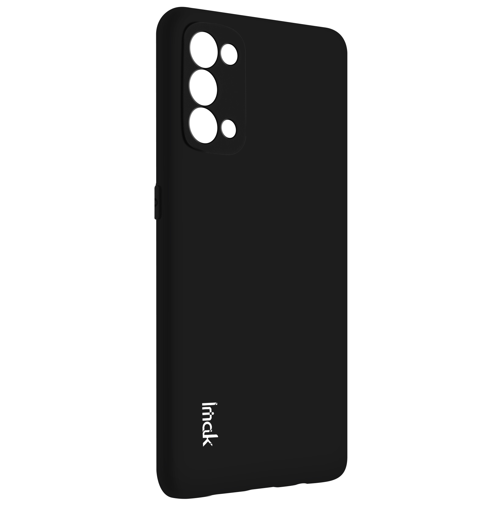 Una custodia nera per telefono con il logo imak. La custodia ha tre ritagli per la fotocamera.