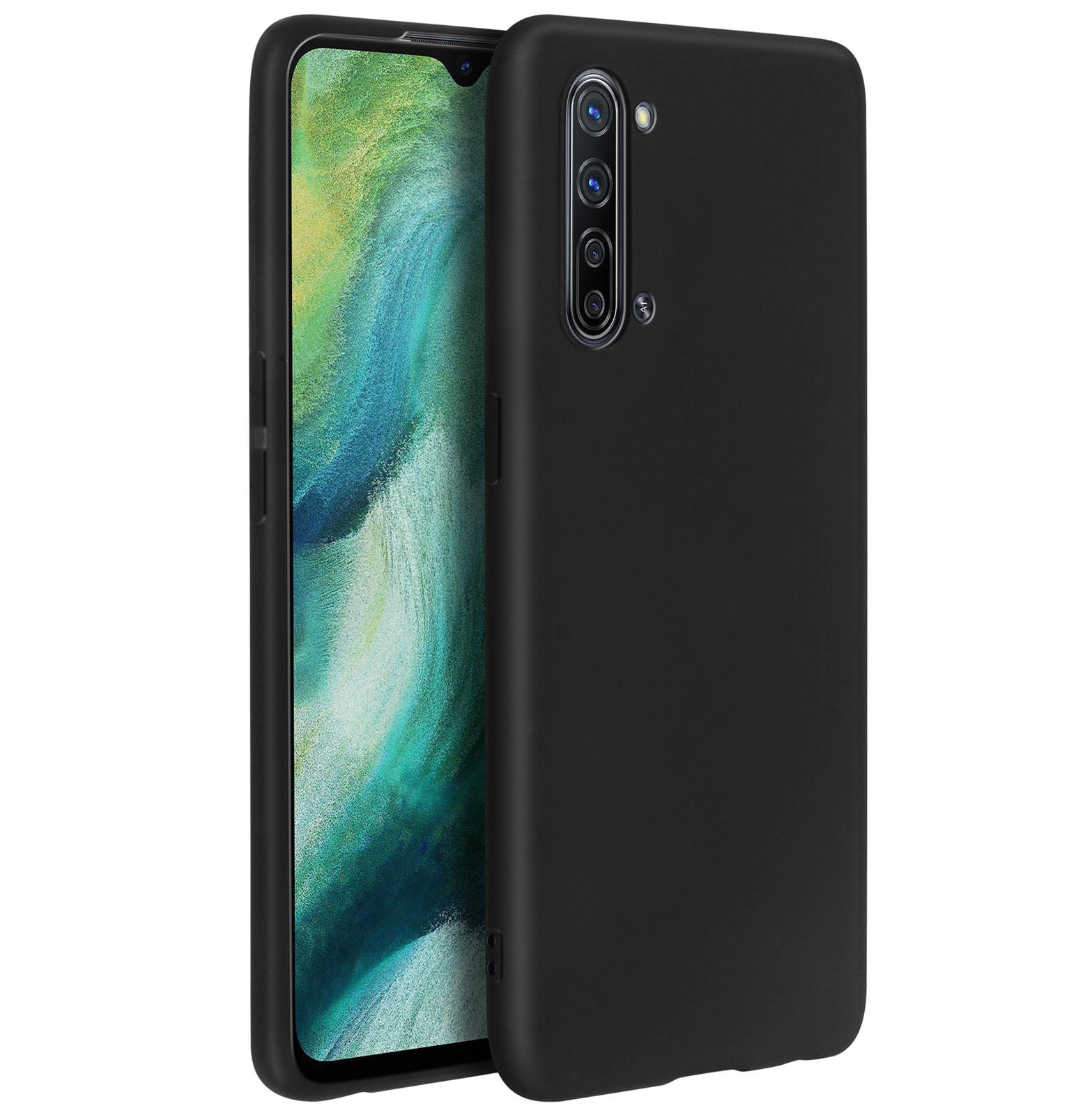 Un téléphone noir dans un étui noir est debout. L'écran du téléphone est visible.