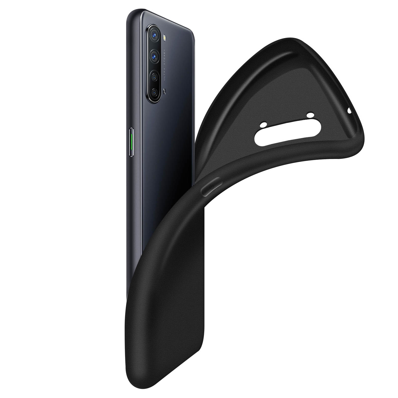 Coque de téléphone noire avec un téléphone. Le téléphone est noir. L'arrière-plan est flou.